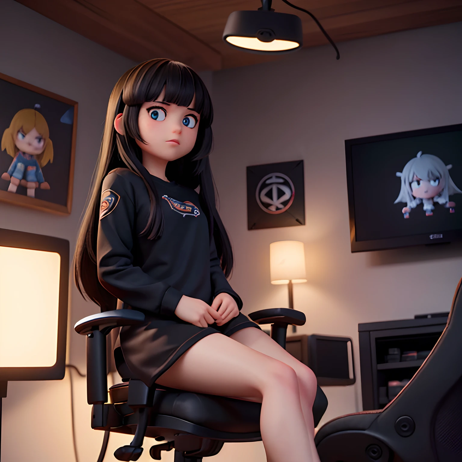 girl with black long hair with bangs wearing black shirt with black shorts sitting in a gamer chair inside a gamer room with lights off with LEDs rgb darkest gamer room, dark gamer room, blacked out, holding DISCORD badge
