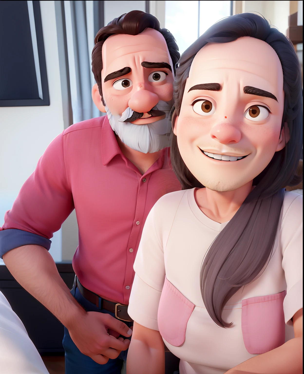Homem com cabelos pretos e bigode sorindo, camisa rosa e uma mulher adulta sorindo