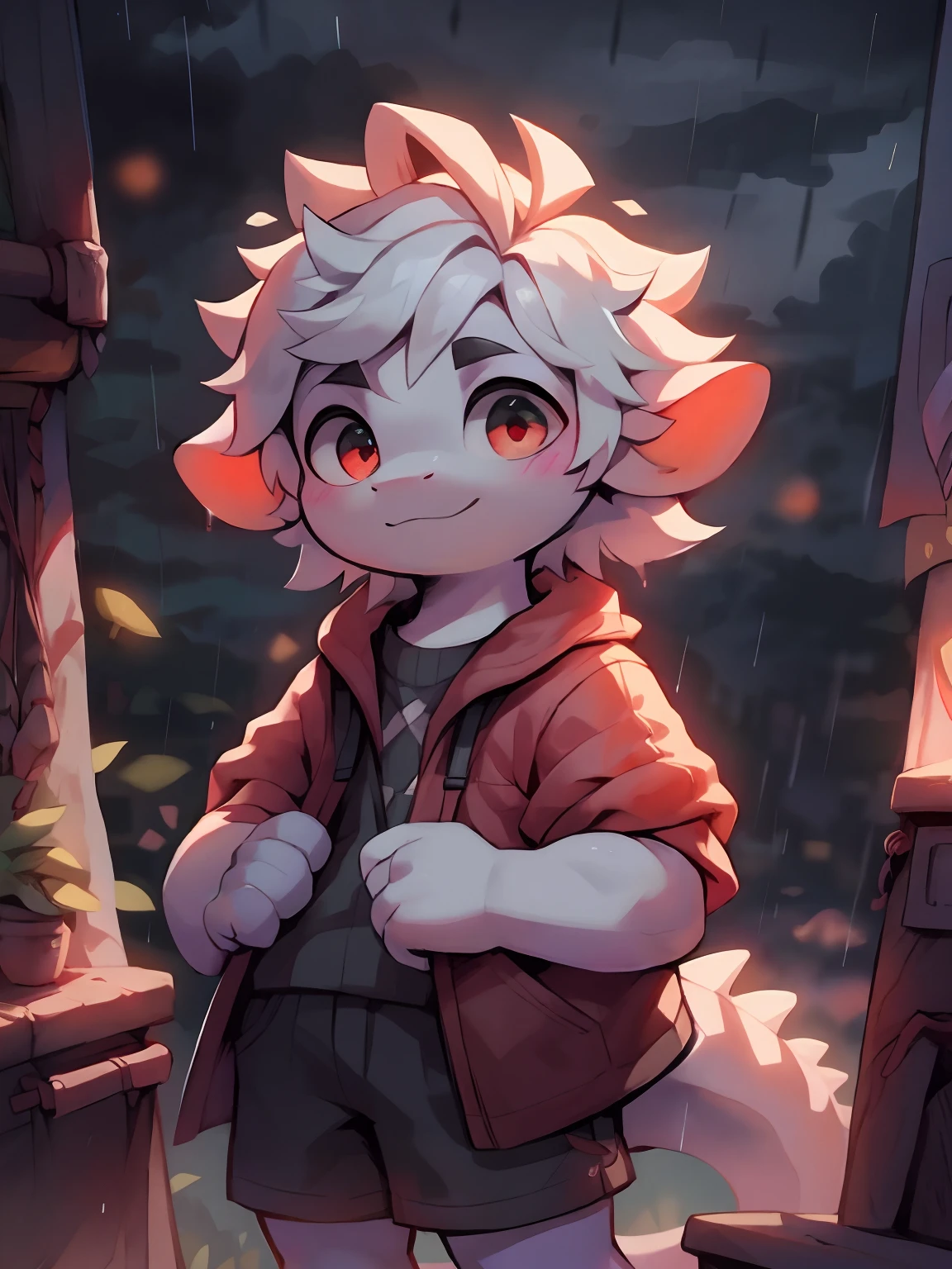 A white-haired dragon, Wear a light red sweatshirt and black shorts, Sit in the last row of the classroom, looks out the window,it is raining,Libido boy, (Fine and detailed eyes and detailed face) , (Handsome face) , (Perfect anatomy) ,thick bushy eyebrows,short detailed hair,Very Fine Detail, 4K , 8K ,cinematric light,stunning art,lindo cenario