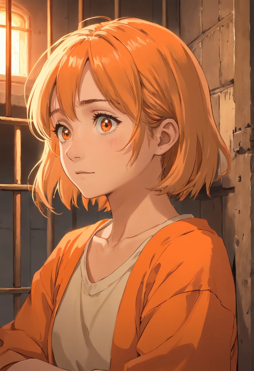 ((realismo)), extremely high quality RAW photograph, Antecedentes detalhados, intrincado, messy hair, Detalhes e texturas requintados, altamente detalhado, Foto de (Allison Mack) in a prison cell, (wearing orange prison clothes:1.3), Looking away from the camera, fotografia ultra detalhada, warm lighting, art-station, 4k, foco nítido, high resolution, pele detalhada, Olhos detalhados, 8k UHD, DSLR, harsh low lighting, alta qualidade, filmic grain, Fujifilm XT3, triste:1.3