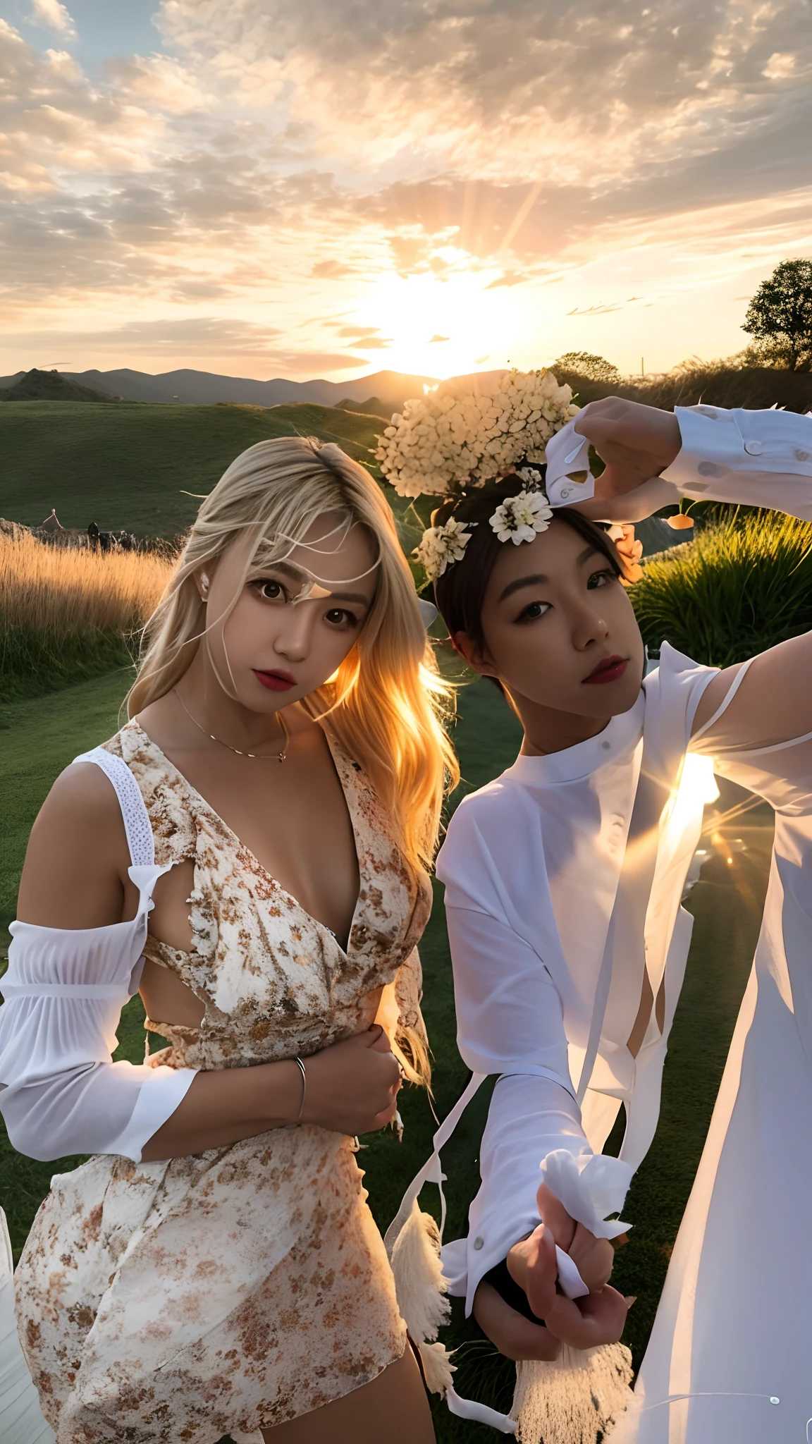 There is a man and a woman posing for a photo in a field, foto de perfil, & Jeehyung Lee & WLOP, facebook post, taken in the early 2020s, vacation photo, tomada em 2 0 2 0, nostalgic 8k, imagem de perfil, suave em _ O pano de fundo, par, foto do perfil, Directed by: Daniel Lieske, 4 k post