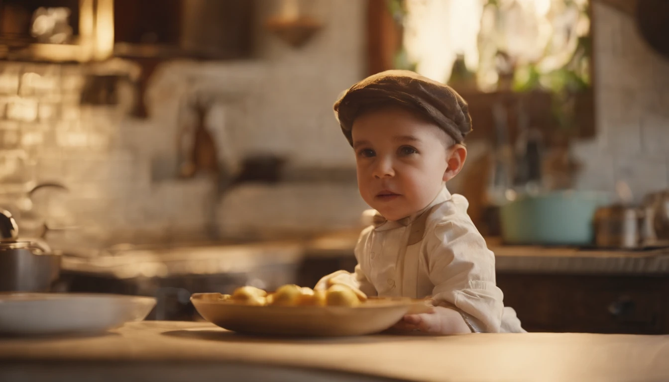 Portrait of a 3--old in white cook's outfit, chef's hat, half body, looking at the viewer, smiling, chibi style, kitchen scenery, blurry background, depth of field, detailed, cartoon, drawing with strokes of designer alex ross, unreal engine, 8k