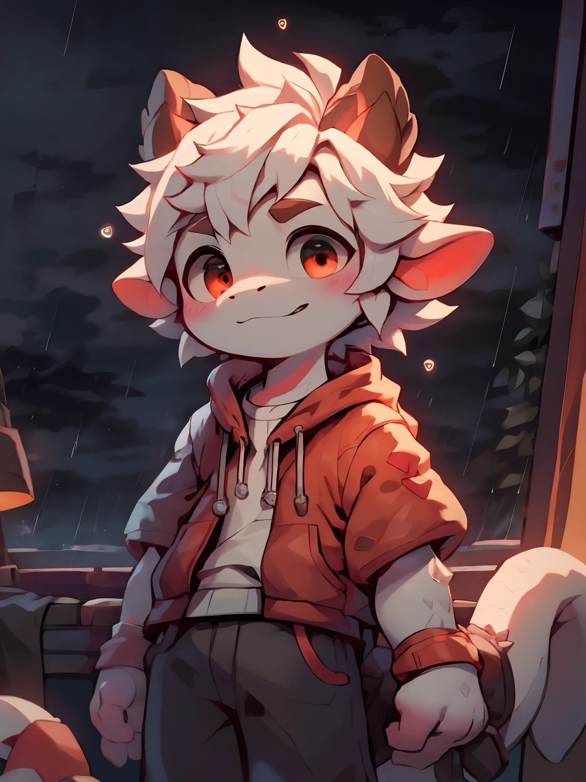 A white-haired dragon, Wear a light red sweatshirt and black shorts, Sit in the last row of the classroom, looks out the window，it is raining，Libido boy， （Fine and detailed eyes and detailed face） , （Handsome face） , （Perfect anatomy） ，thick bushy eyebrows，short detailed hair，Very Fine Detail， 4K , 8K ，cinematric light，stunning art，lindo cenario