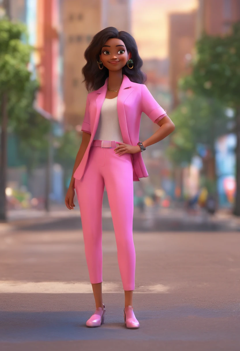 crie um personagem estilo Pixar. The character possesses these characteristics: pele clara, cabelo ondulado loiro na altura do ombro, olhos castanho escuro, pink pants, blazer rosa e camiseta branca, Ambiente: Sidewalk of a big city and with paparazes taking pictures.