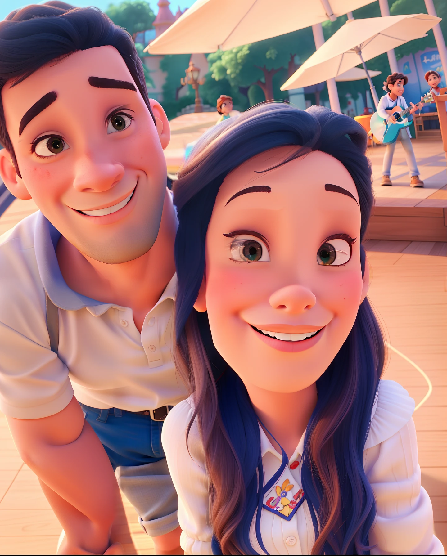 Um casal estilo disney pixar, alta qualidade, melhor qualidade, On a music stage