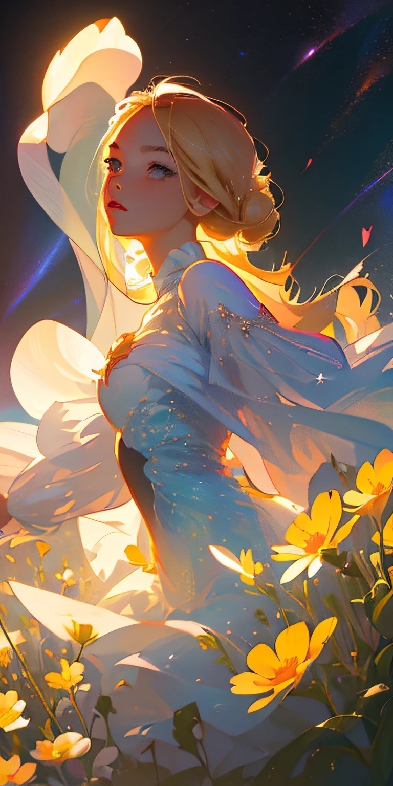 (best quality, masterpiece), 1girl, pose, particle, wind, flower, upper body, simple background, looking at viewer, blonde, galaxy,backlit,rim light,glow