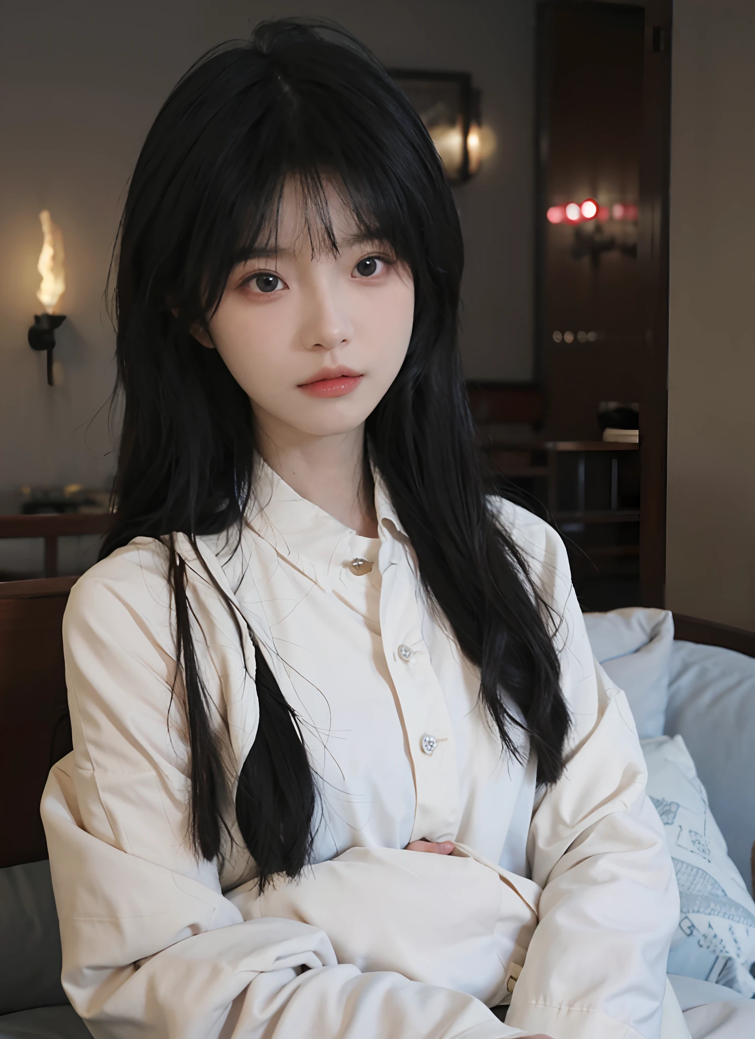 best qualtiy, 超高分辨率, (realisticlying:1.4), A woman with long black hair and a gray sweater, 中景 the scene is,Soft portrait shot 8 K, pale round face, with round face, She has black hair,By bangs, young lovely Korean faces, wan adorable korean face, ulzzangs, Shin Jinying, beautiful aesthetic face, Korean face features, soft round face, iu lee ji-eun as a super villain, Beautiful realistic face