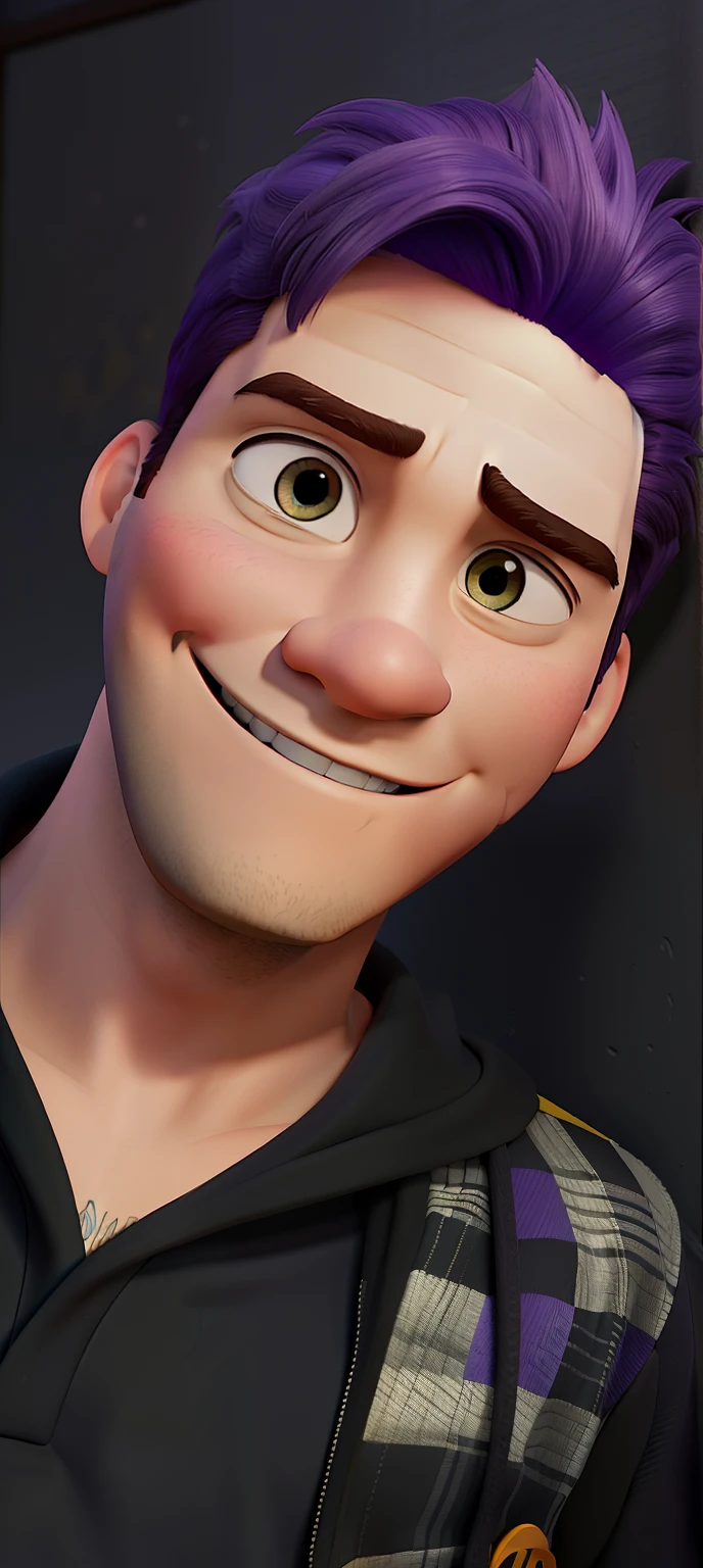 Poster no estilo Disney pixar, alta qualidade, melhor qualidade, homem sexy branco, 21 anos cabelo roxo, musculoso, com fundo preto