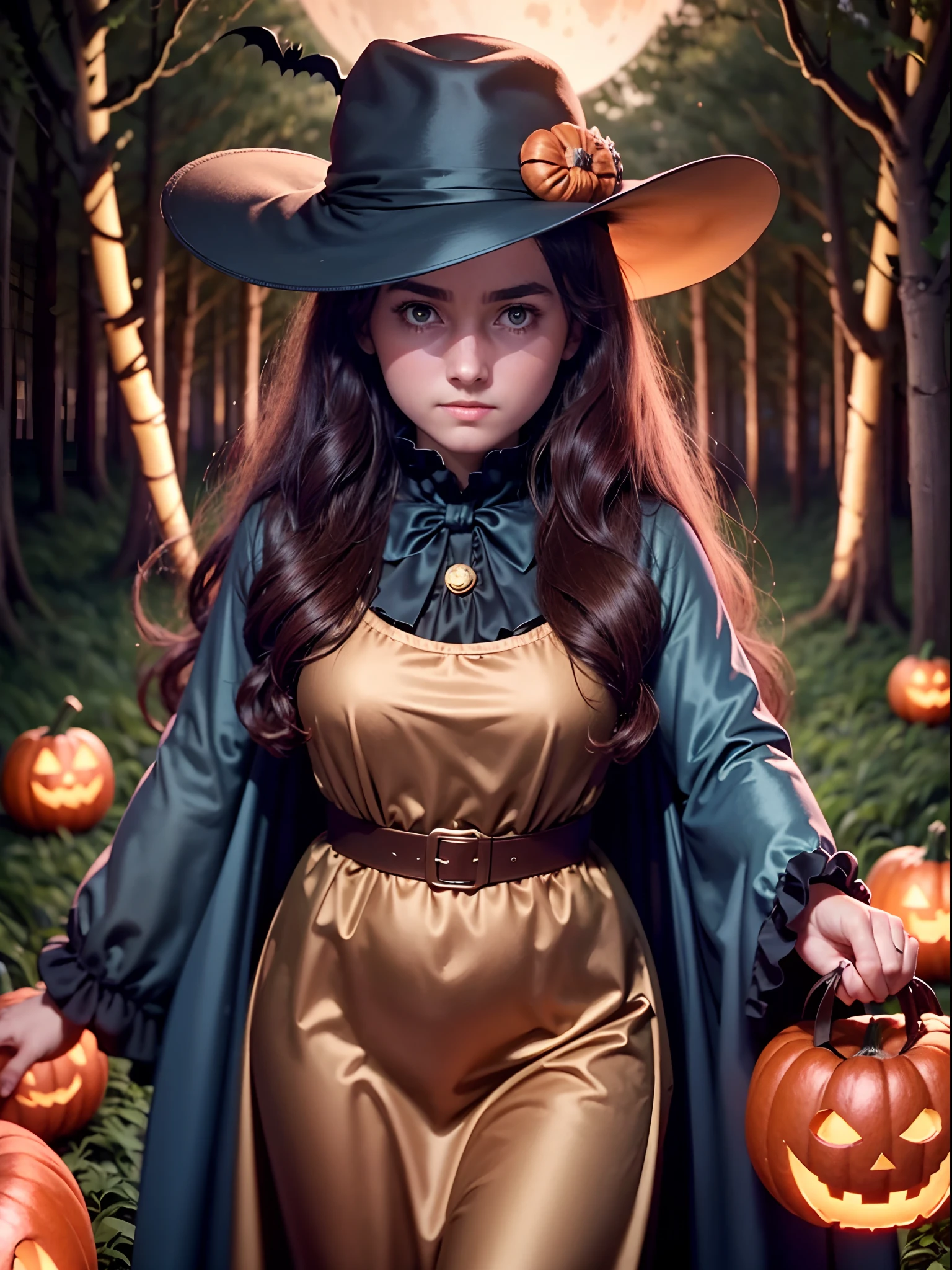 Masterpiece, Best Quality, High Quality, Ultra Quality, 8K, UHD, Sony color, a girl wearing a halloween costume, halloween hat, carrying a small halloween pumpkin in hand, sat in the queen's chair, night in the forest , big moon, blue dress, lots of bats, lots of halloween pumpkins around, in a halloween theme forest