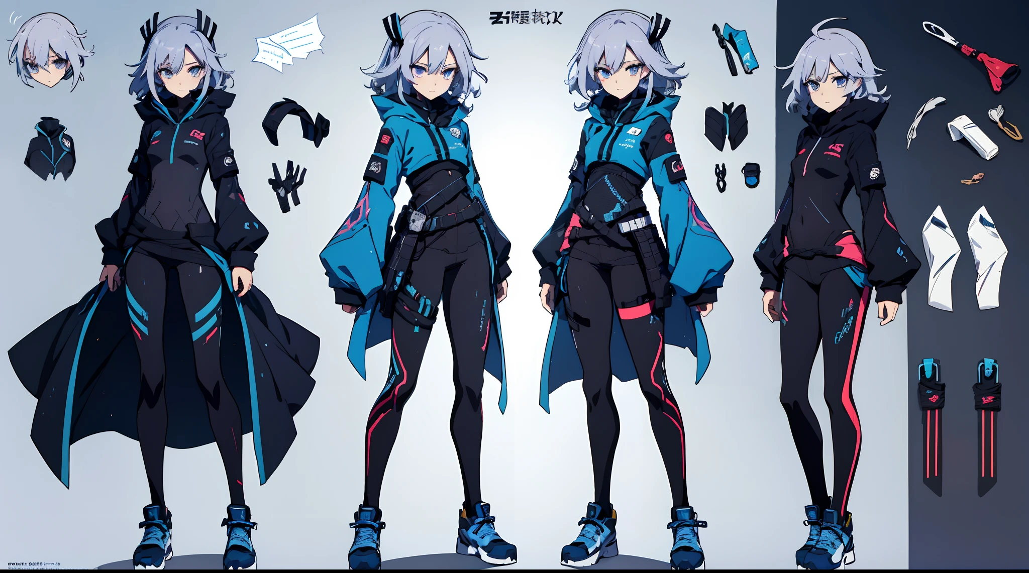 fille d'anime aux cheveux blanc et tenue bleu et blanche, tenue ninja et techwear, highly detailed character, female anime character, stylized anime, single character full body