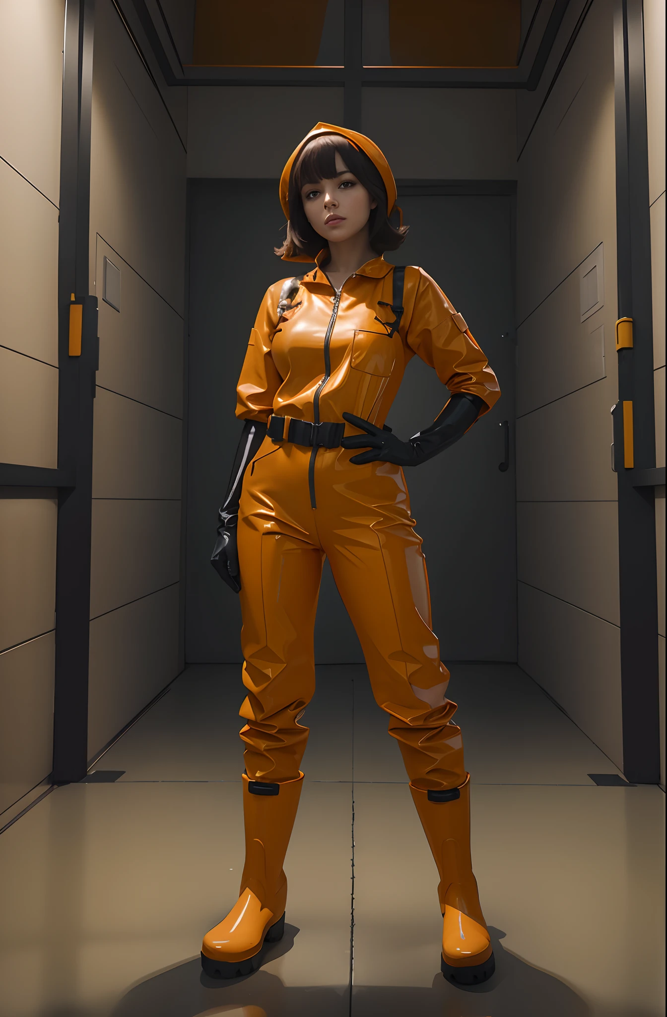 Improve her orange prison jumpsuit, her long latex gloves and her rubber boots