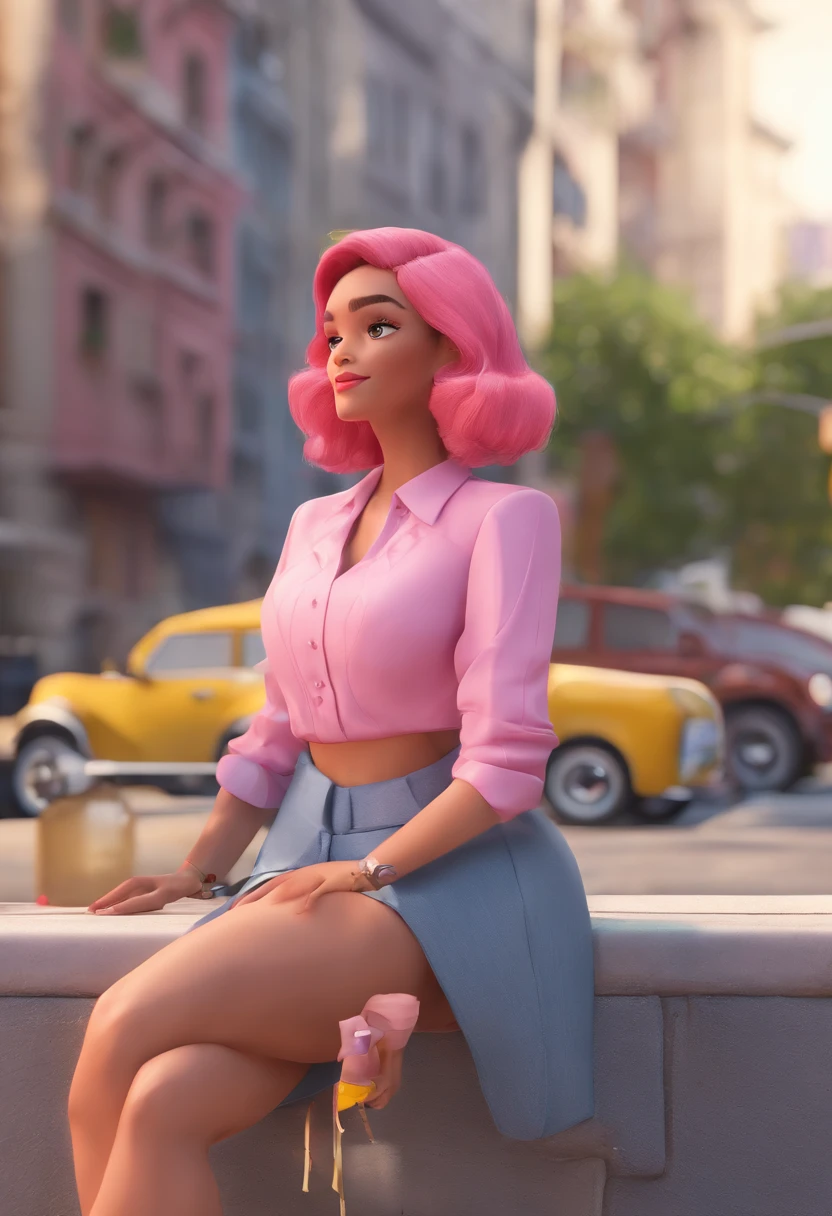 crie um personagem estilo Pixar. The character possesses these characteristics: pele clara, cabelo ondulado loiro na altura do ombro, olhos castanho escuro, pink pants, blazer rosa e camiseta branca, Ambiente: Sidewalk of a big city and with paparazes taking pictures.