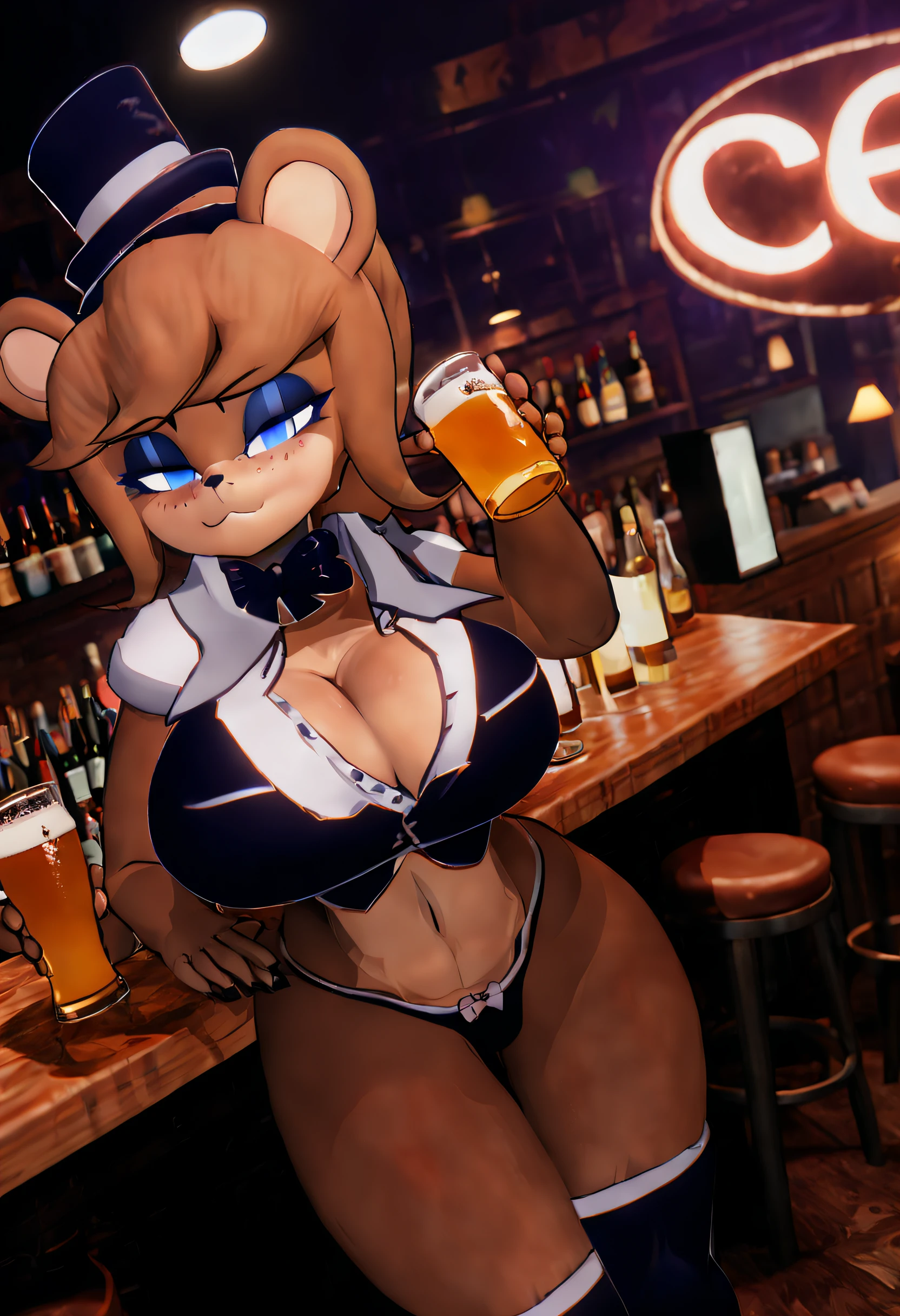 (no hat), eye liner, makeup, 1girl, (subtle blush), Digital art style, (wide shot, detail background:1.23), FrenniFazclaire chugging a beer bottle, POV, bar setting, toned waist, large breasts, huge ass, wide hips, thick thighs, symmetrical eyes, (fair skin, gleaming skin), (facing forward),