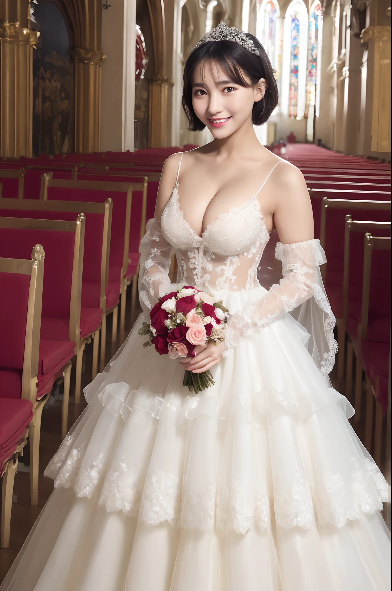 (Best Quality, masutepiece:1.2), (Realistic:1.3), (hyper detailed background, Detailed background), Bokeh, ((medium breasts:1.2)), ((Fantastic taut cleavage)), ((spread breasts:1.2)), (Sexy Obscene), (large and neat areolas,:1.3), Ruffled Ball Gown Dress, (Lace trimmed see-through ball gown dress:1.4), Bridal tiara, Gorgeous parchment white ball gown dress, Luxurious white ball gown dress, Classic Sexy Ball Gown Dresses, Show, Bridal Veil, bridal gauntlets, Bridal Cascade Bouquet, Upper body, Wedding in the church, The skirt spreads round and wide, 1girl in, Cute, age, Posing, Smiling, Dynamic Angle, Dynamic Pose, Short hair,