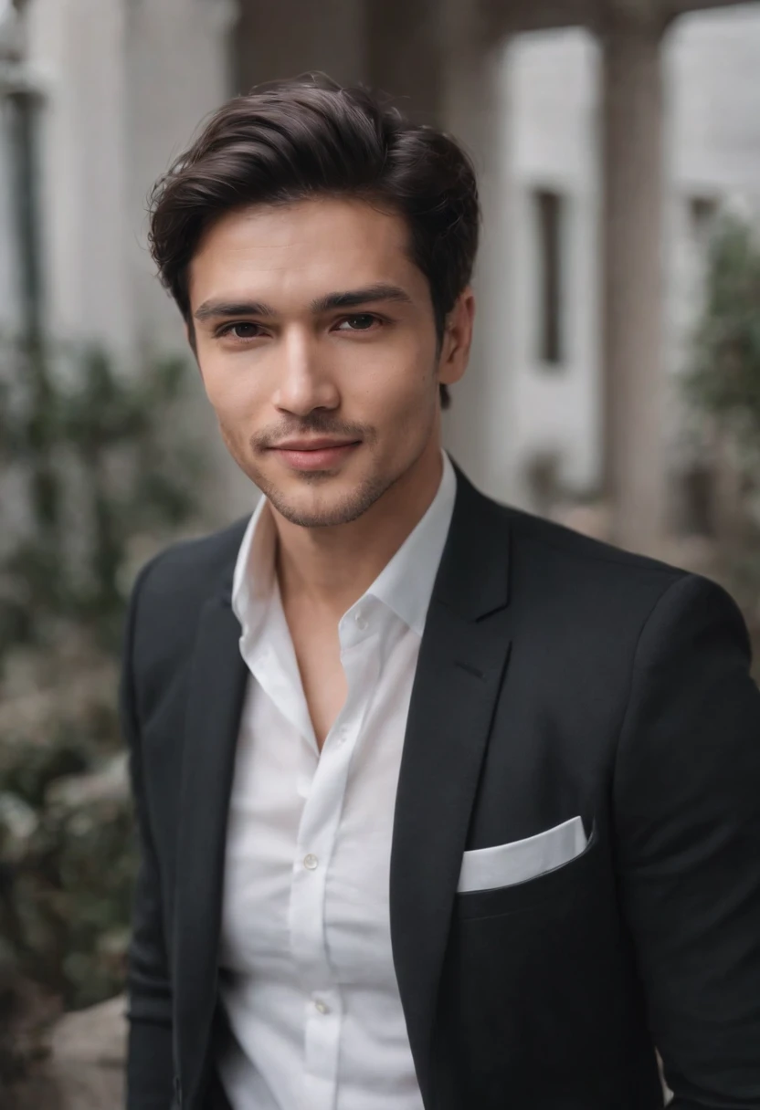 Portrait of handsome man 30 years oval face cinematic appearance、Camisa branca e jaqueta com gola、looking at the camera, hispanic, smiling, cheerful, black hair, blazer, white shirt, dark black hair, no facial hair, realistic skin