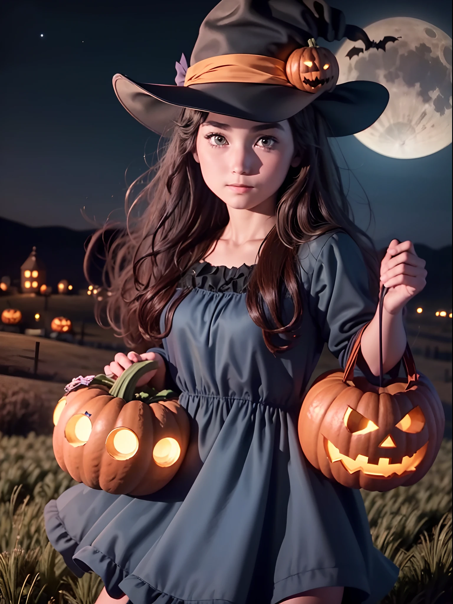 Masterpiece, Best Quality, High Quality, Ultra Quality, 8K, UHD, Sony color, a girl wearing a halloween costume, halloween hat, carrying a small halloween pumpkin in hand, sat in the queen's chair, night on top of the hill, big moon, blue dress, lots of bats, lots of halloween pumpkins around, on top of a halloween themed hill