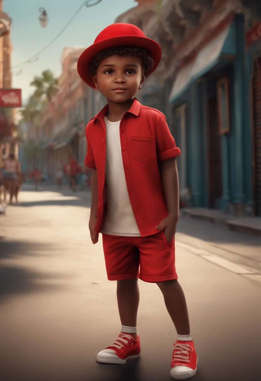 Vibrant 3D illustration of a boy, corpo levemente gordo, cabelo preto curto, pele castanha escura, camisa branca, Red shorts, red hat, usando sapatos