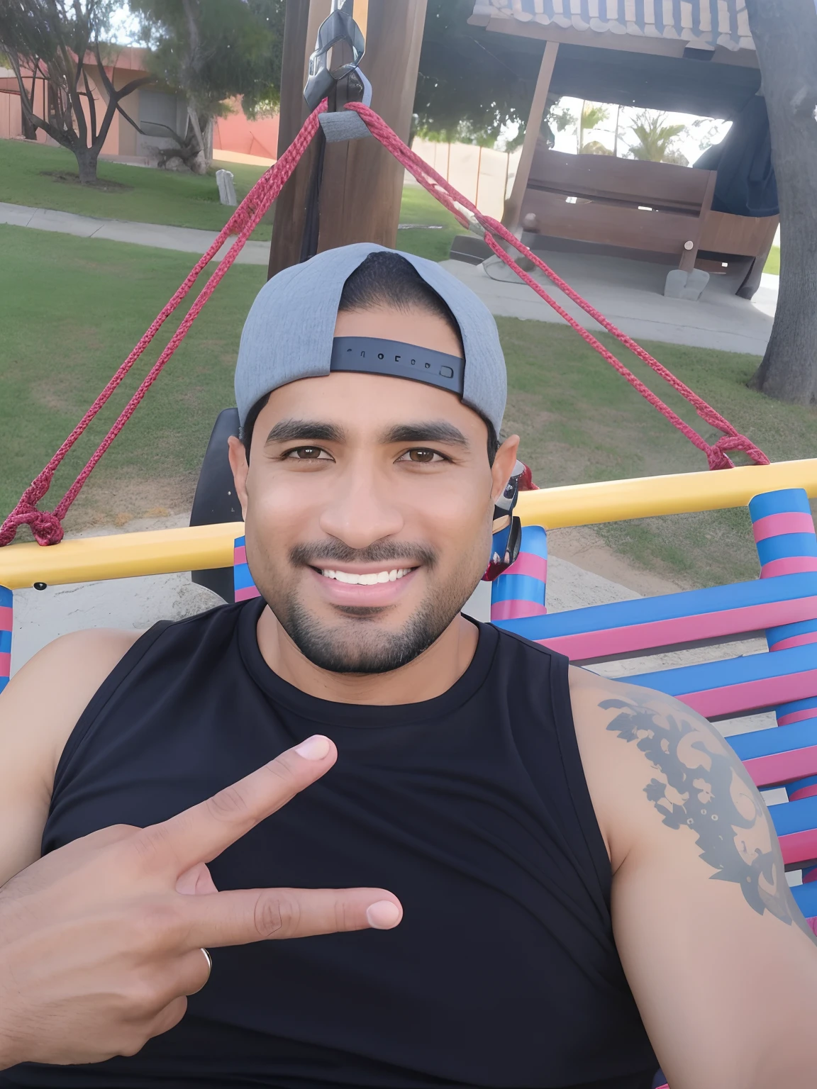 arafed man sitting on a swing with a hat on, caio santos, david rios ferreira, carmelo blandino, 3 2 years old, (38 years old), 2 7 years old, 2 9 years old, 2 5 yo, 2 8 years old, camilo gc, 38 years old, nick silva, 3 6 years old