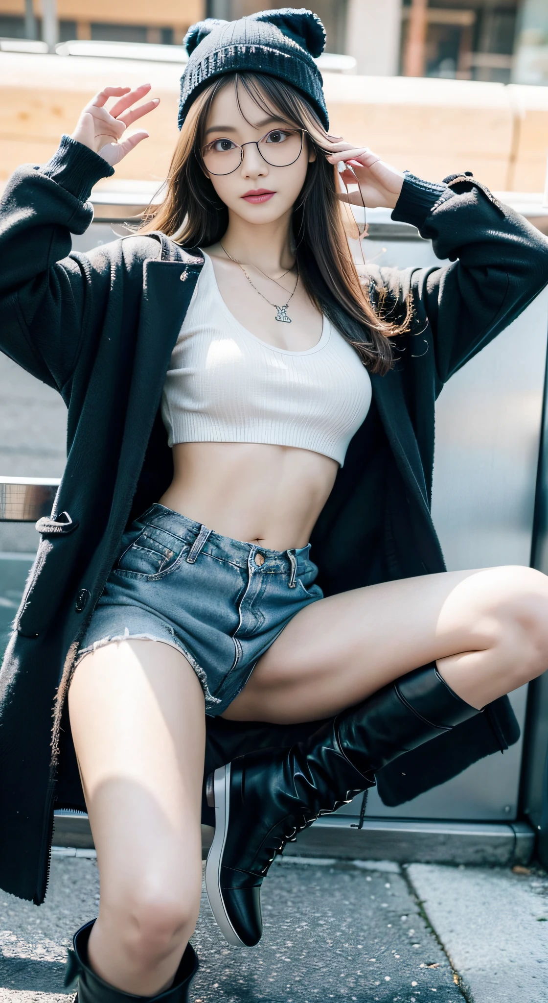 (32K,high-detail,high detal,hight resolution,highdensity,独奏,Lori:1.3),(Realistic people,Live action,A detailed eye,High resolution eyes,Fine eyes,Eyes that look like they are alive,beautiful dark blue eyes,Fishing eyes,Detailed lips,Crystal clear white skin,detailed realistic faces:1.3),(Japanese ido,Korean Idols,model in Japan,Korean models,Korean K-Pop Female Idol:1.2),(with a flushed face,natural make up,a necklace,piercings,Navel piercing:1.4)(Military Cargo Pants,Colorful tops with oversized silhouettes,Large coat,Leather boots,Knitted hats,Mode-based beautiful eye casual:1.6),(well-shaped breasts:1.5),(Young but very beautiful Korean16 years old little girl,Cool eyes,little smiling,facing back,turned around,Looking at the camera,Fashion Leader,fashion modell,Soft skin,Unforgettable eyes,Her eyes are too beautiful,I want to go to Paris Collection......,Cutting-edge fashion:1.6),(showing your whole body,Show full-body fashion,Stylish blue glasses:1.7)