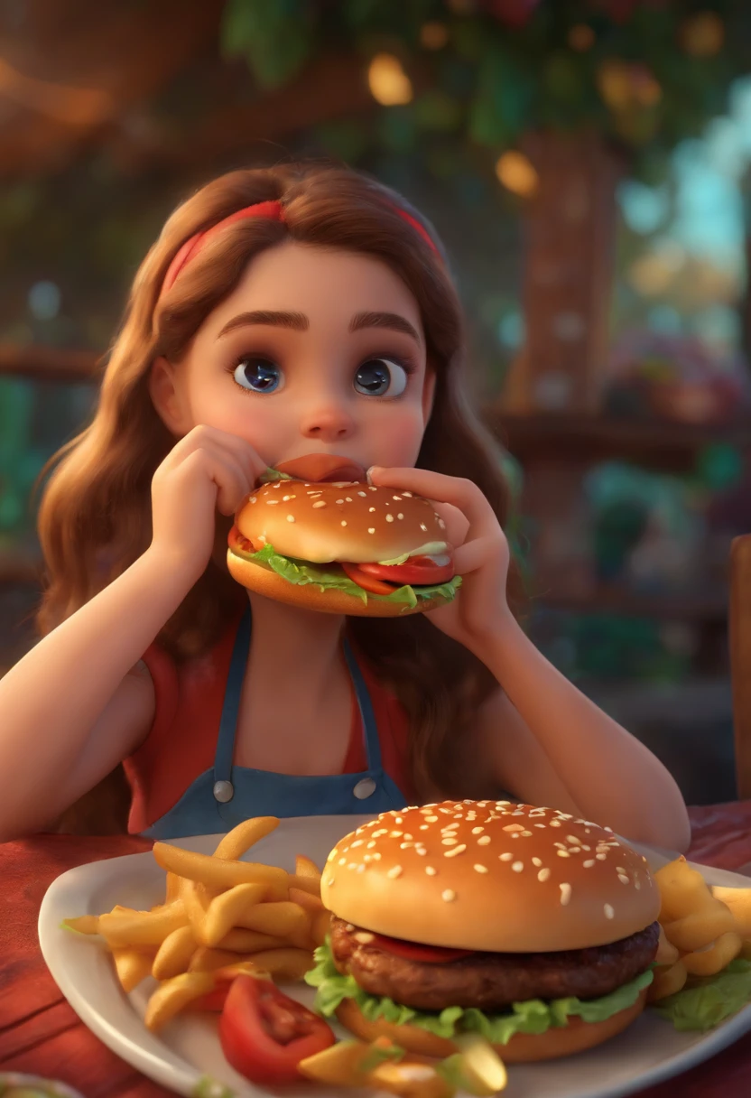 Make a Girl, She's hungry, como Disney Cartoon, She's eating hamburger, Pixar, ..3d, Disney
