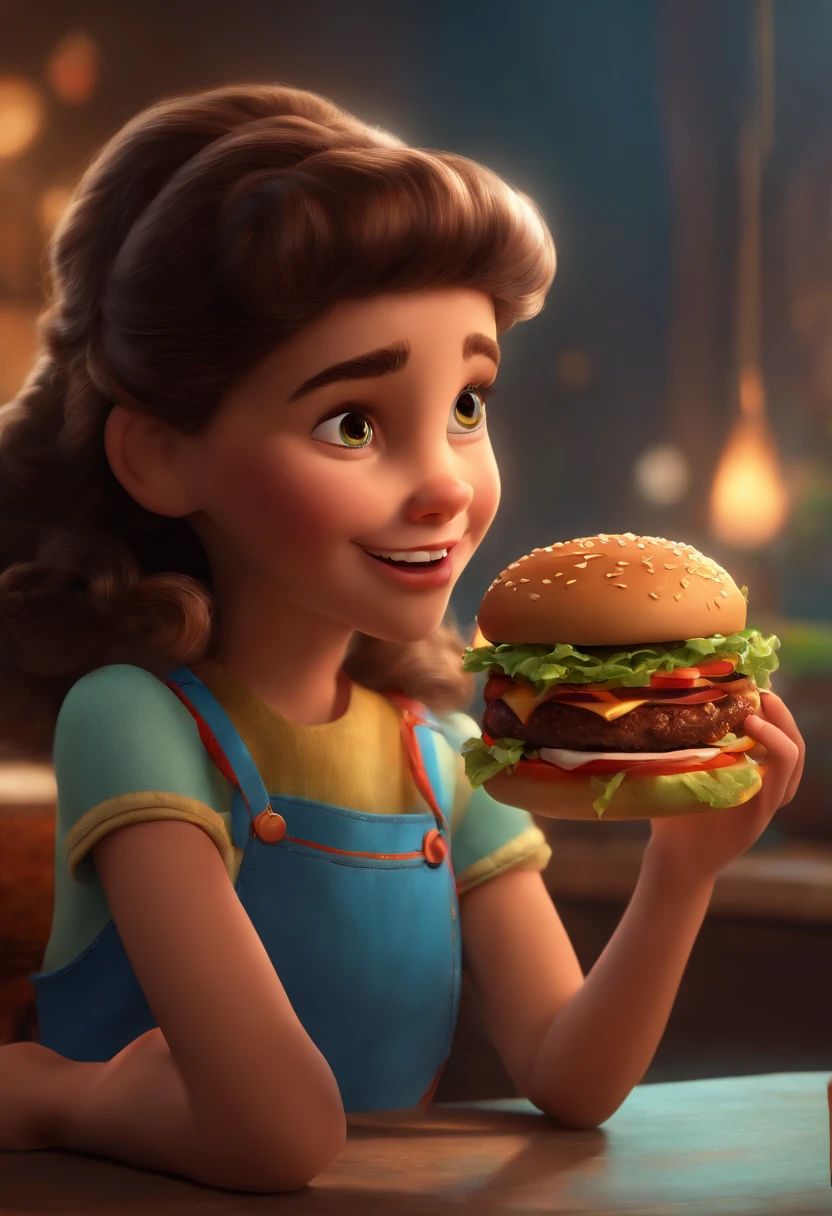 Make a Girl, She's hungry, como Disney Cartoon, She's eating hamburger, Pixar, ..3d, Disney