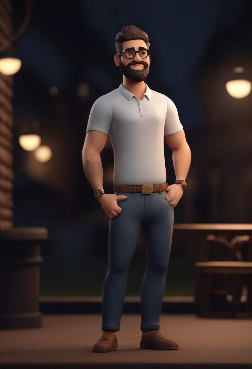 Cartoon character of a man with black glasses and a black polo shirt, cabelo liso, With beard and old school tattoo on his arm, animation character, Caractere estilizado, animation style rendering, 3D estilizado, Arnold Maya render, 3 d render stylized, toon render keyshot, Personagem 3D, Personagem 3D, 3d rendering stylized, 3 d character render, personagem de desenho animado, Personagem de close up, Pose de personagem, (Estilo Pixar) (master part:1.2) (Bokeh) (best quality) (pele detalhada) (textura detalhada) (8k) (argila) (Cinematic lighting) (foco nítido