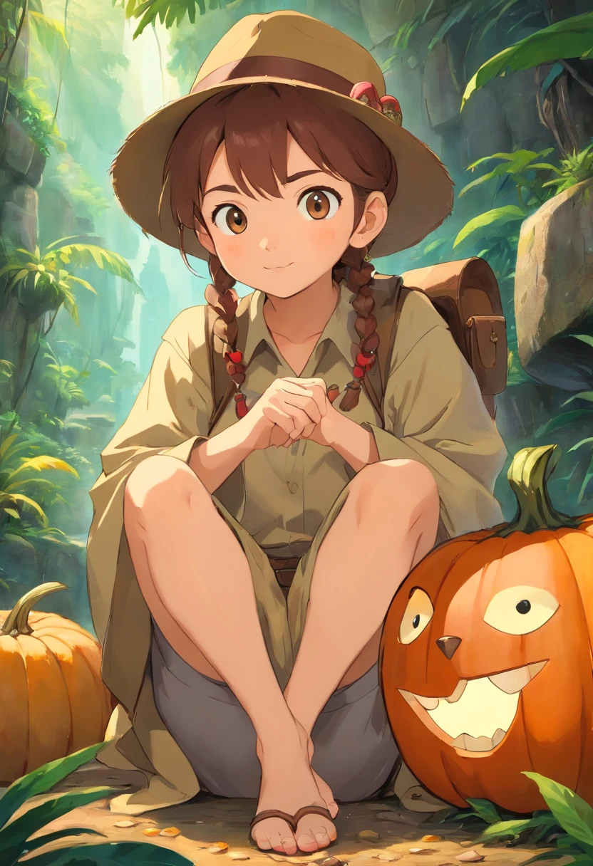 (uma capivara vestindo fantasia de Indiana Jones),oil painting,textura detalhada do pelo,Expressive eyes and facial features,fundo festivo,Pose brincalhona e,(best quality,alta resolução,circunstanciado:1.2),(Realistic,fotorrealista:1.37),paleta colorida,Pumpkin and bat decorations,Soft lighting and Warm