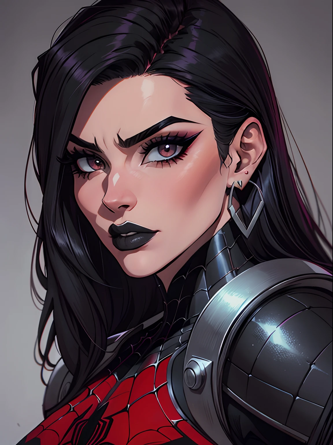 Comic marvel panel. Mujer de cabello negro con el corte wolf, piel clara, cara ovalada en V, su ojos derecho es de color gris oscuro y su ojo izquierdo es gris oscuro, beautiful eyelashes, nariz respinguida, un lunar debajo del ojo izquierdo, labios rojizos, mejillas levemente rosadas, tiene aretes de carabelas, rasgos femeninos, He's wearing Spider-Man-like clothes, de color plateado, gris oscuro y negro con capucha.