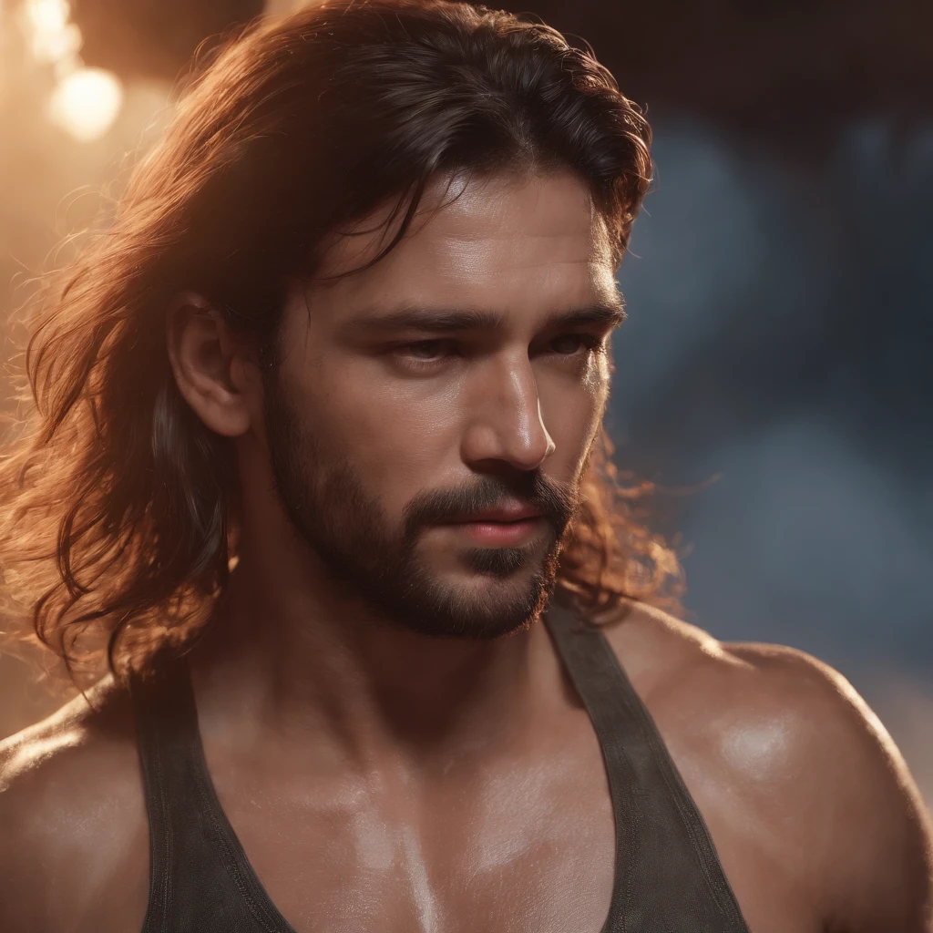 (Professional 3D rendering:1.3) de (Realistic:1.3) Foto de arte mais bonita do mundo，Features soft, bright male heroes, ((Epic hero fantasy rough muscular man wet hero angry look long hair short beard and fierce expression in dynamic pose, fantastic location, majestoso ambiente desordenado)), corpo inteiro 8k unidade render, action shot, poros da pele, very dark lighting, sombreamento pesado, circunstanciado, Rosto detalhado, (vibrante, fotogrdeia realista, Realistic, Dramatic, Escuro, foco nítido, 8k), (Old leather clothes damaged by bad weather:1.4), ((((Use peles)))), (intrincado:1.4), decadente, (altamente detalhado:1.4), pintura digital, rendering by octane, art stations, Conceito-Arte, liso, foco nítido, illustration, germe da arte, (Loish:0.23), Wlop Ilya Kuvshinov, e Greg Rutkowski e Alphonse Mucha Gracias, (global ilumination, studiolight, Light Volumetric), chuva forte, floating particles, patife, fantasia, Onze, corpo inteiroesbian, ((Fundo escuro e antigo da cidade:1.3)),CGSesociedade,art stations