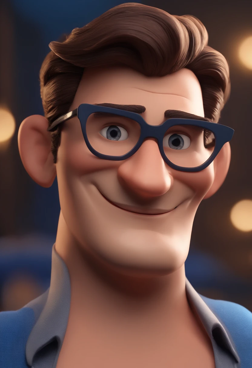 Cartoon character of a man with black glasses and a blue shirt, animation character, Caractere estilizado, animation style rendering, 3D estilizado, Arnold Maya render, 3 d render stylized, toon render keyshot, Personagem 3D, Personagem 3D, 3d rendering stylized, 3 d character render, personagem de desenho animado, Personagem de close up, Pose de personagem,  (Estilo Pixar) (master part:1.2) (Bokeh) (best quality) (pele detalhada) (textura detalhada) (8k) (argila) (Cinematic lighting) (foco nítido