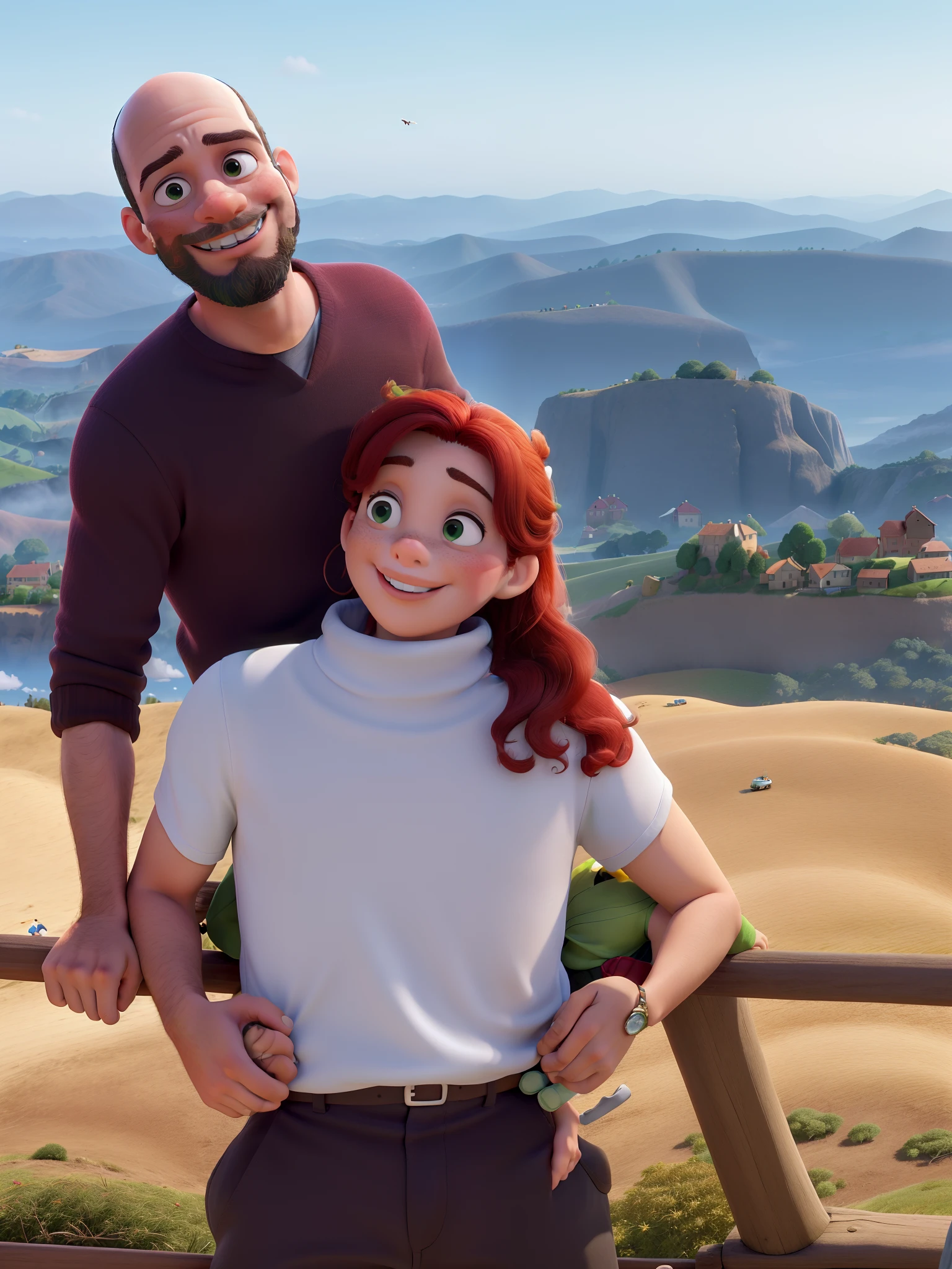 Obra-prima, de melhor qualidade, um casal no alto de um mirante. O , cap, He is bald and has a short black beard. The girl is a redhead and has sardines on her nose and cheeks. Add a hang glider to the sky and change the grass in the background to a very green and cheerful color.