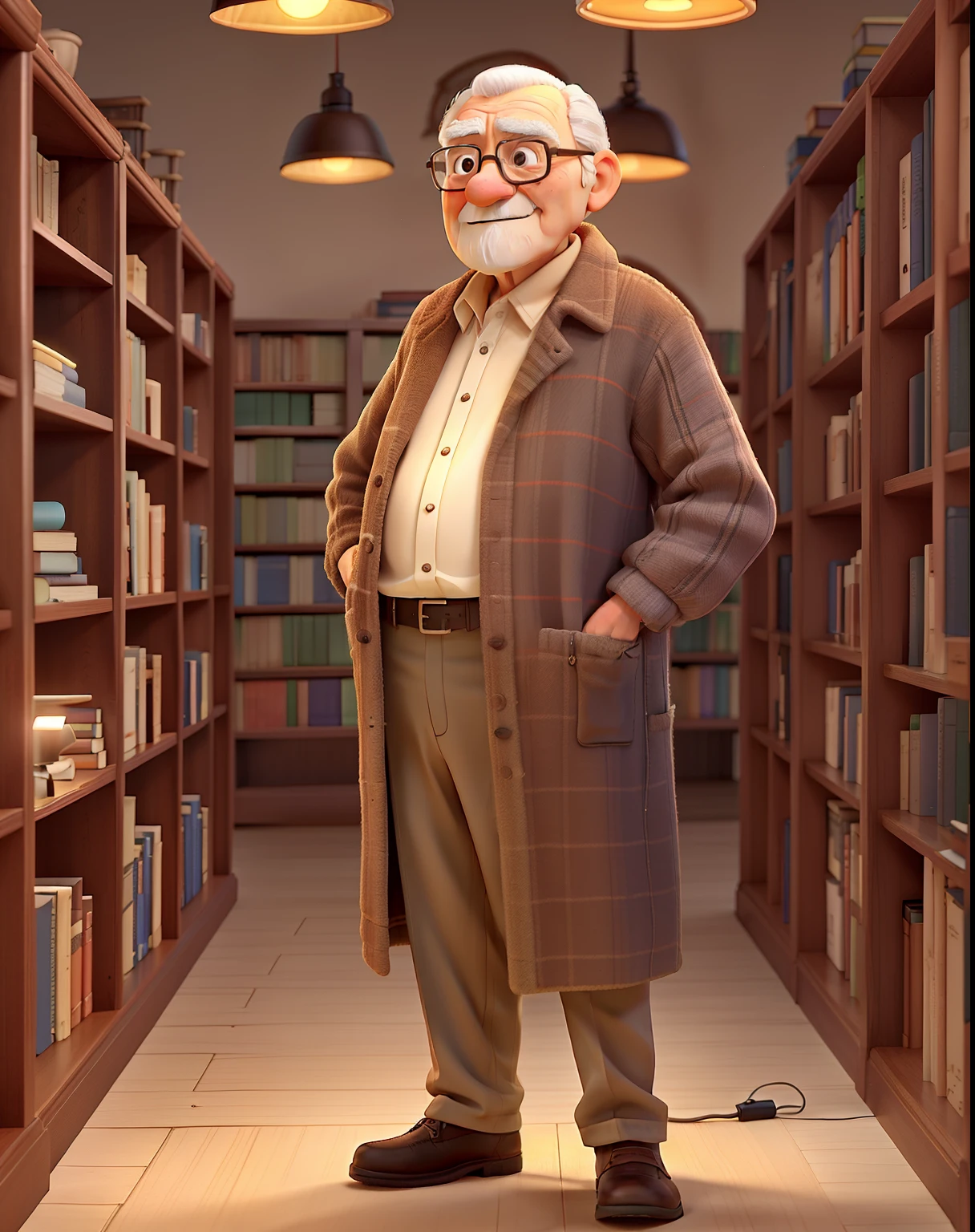 A wise old man standing in front, illuminated by the light of a lamp, against the backdrop of a library