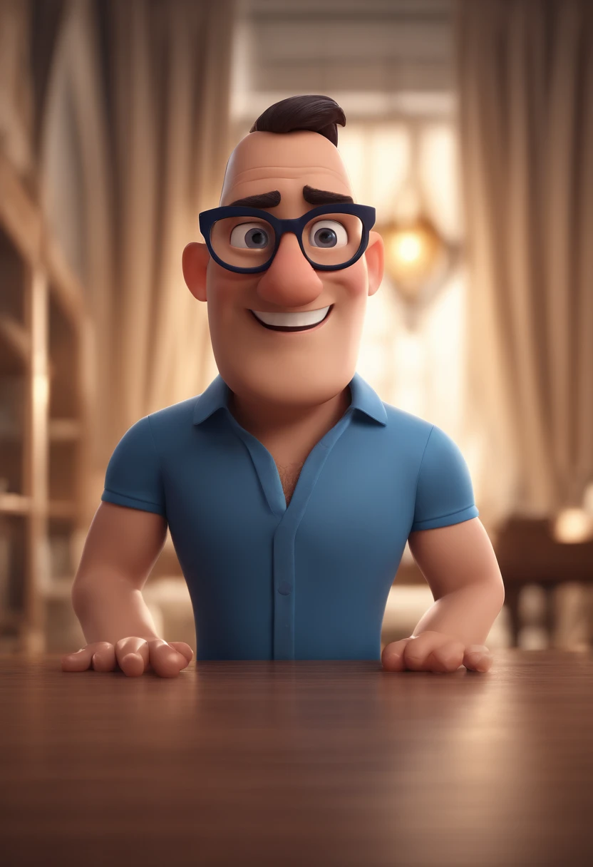 Cartoon character of a man with black glasses and a blue shirt, animation character, Caractere estilizado, animation style rendering, 3D estilizado, Arnold Maya render, 3 d render stylized, toon render keyshot, Personagem 3D, Personagem 3D, 3d rendering stylized, 3 d character render, personagem de desenho animado, Personagem de close up, Pose de personagem,  (Estilo Pixar) (master part:1.2) (Bokeh) (best quality) (pele detalhada) (textura detalhada) (8k) (argila) (Cinematic lighting) (foco nítido