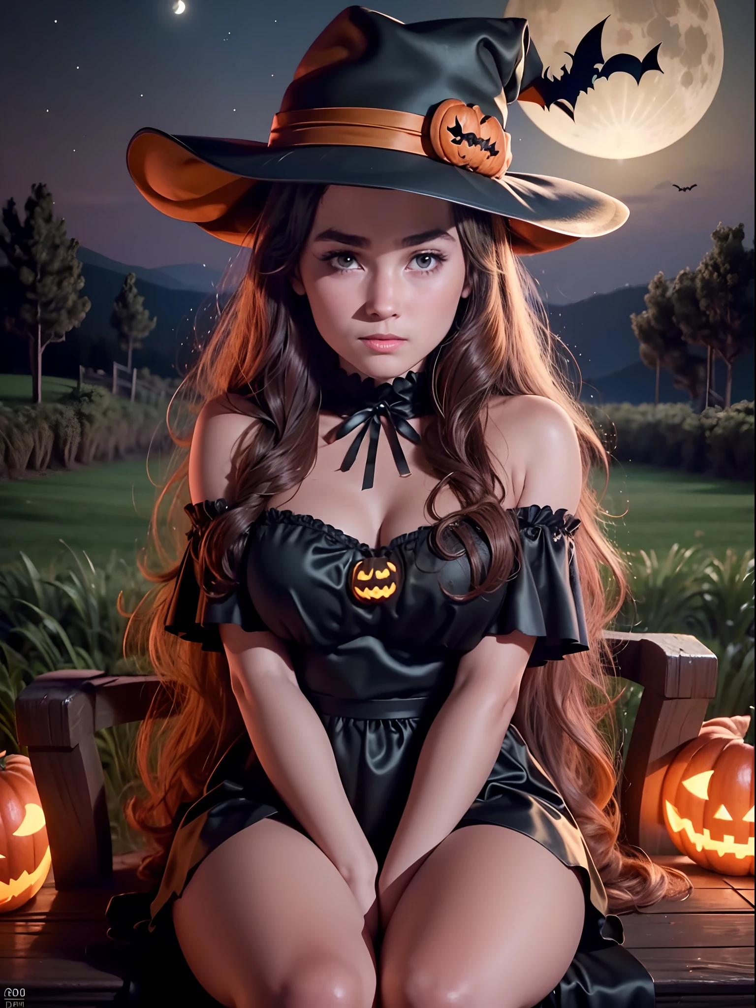 Masterpiece, Best Quality, High Quality, Ultra Quality, 8K, UHD, Sony color, a girl wearing a halloween costume, halloween hat, sat in the queen's chair , night on top of the hill, big moon, lots of bats, lots of halloween pumpkins , on top of a halloween themed hill