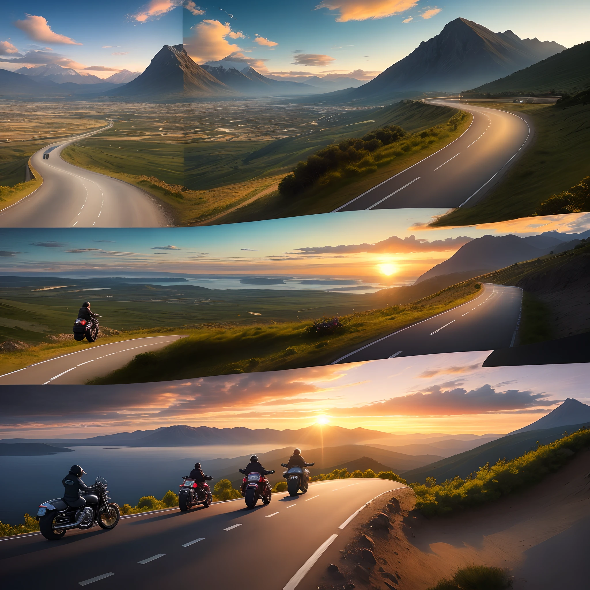 motorcyclists descending a winding road between the mountains by the sea with their motorcycles. Sunset with cloudy sky.