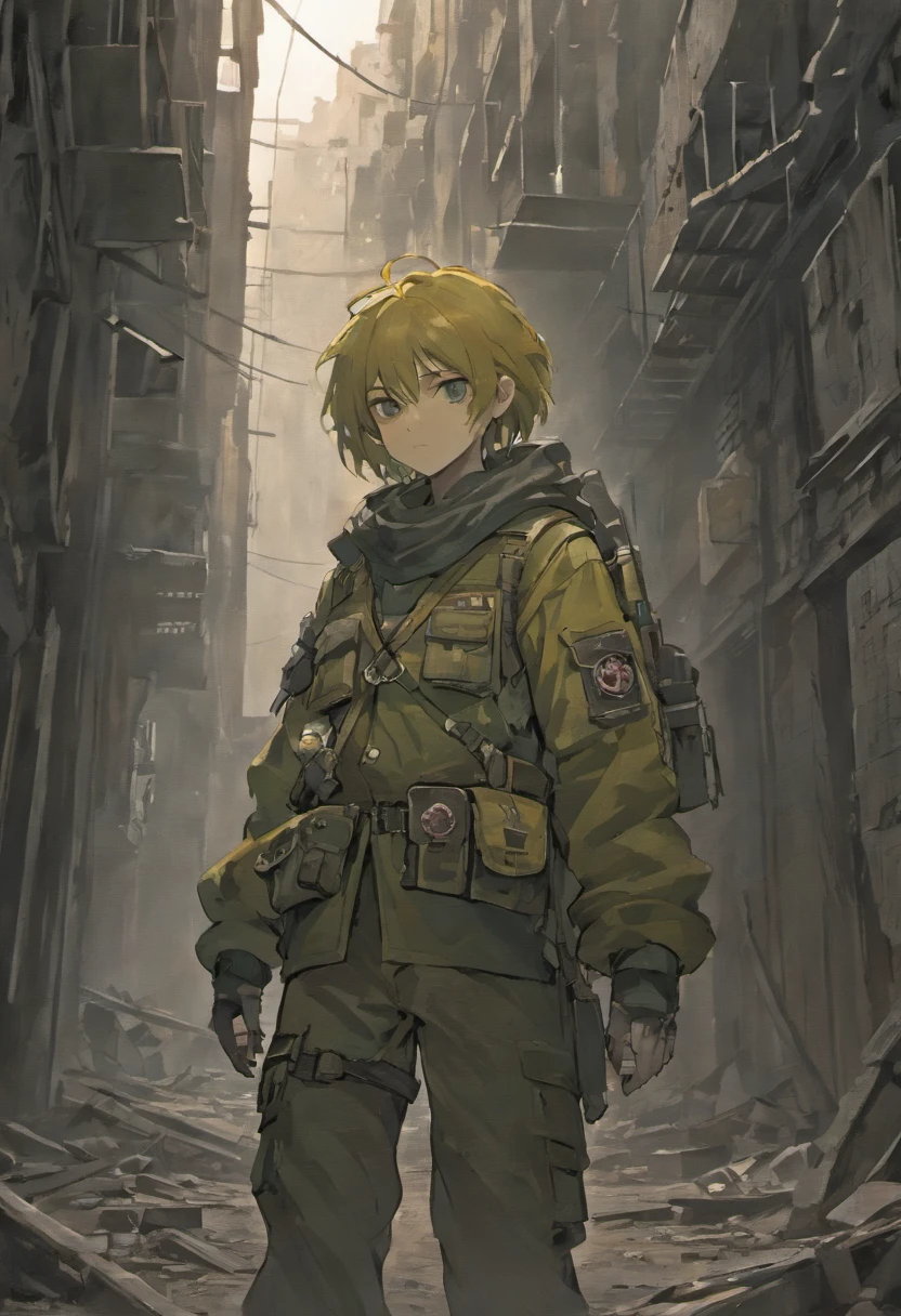 teenage boy,18 years,scavenger,decaying world,wasteland,gas mask,biohazard suit,armed with MP5,post-apocalyptic environment,dust-filled air,abandoned buildings,tattered graffiti,sparse vegetation,rusty metal structures,dilapidated vehicles,barren landscape,faded signs,crumbling infrastructure,dark clouds looming,harsh lighting,distant echoes of gunfire,fierce determination,sole survivor,loneliness,persistent strength,brooding,haunting atmosphere,ominous silence,gritty textures,deteriorating beauty,dystopian future,vivid colors,gritty realism,detailed facial expressions,lots of dirt and grime,worn-out clothing,survival instincts,intense focus,dangerous encounters,relentless pursuit of resources,war-torn backdrop,desperation for survival,hidden dangers,menacing shadows,scarcity,poignant moments,abandoned memories,achingly beautiful scenery,salvaging hope from ruins,captivating storytelling,ephemeral moments of peace,gritty urban decay,grim reminder of humanity's downfall,surviving against all odds,sculpting resilience from chaos,warrior of the wasteland,fierce protector,unyielding spirit,ferocious determination,explosions of creativity.