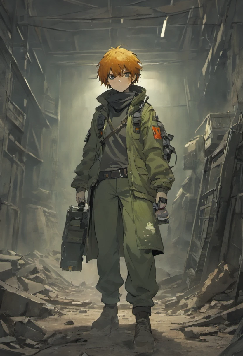 age boy,18 years,scavenger,decaying world,wasteland,gas mask,biohazard suit,armed with MP5,post-apocalyptic environment,dust-filled air,abandoned buildings,tattered graffiti,sparse vegetation,rusty metal structures,dilapidated vehicles,barren landscape,faded signs,crumbling infrastructure,dark clouds looming,harsh lighting,distant echoes of gunfire,fierce determination,sole survivor,loneliness,persistent strength,brooding,haunting atmosphere,ominous silence,gritty textures,deteriorating beauty,dystopian future,vivid colors,gritty realism,detailed facial expressions,lots of dirt and grime,worn-out clothing,survival instincts,intense focus,dangerous encounters,relentless pursuit of resources,war-torn backdrop,desperation for survival,hidden dangers,menacing shadows,scarcity,poignant moments,abandoned memories,achingly beautiful scenery,salvaging hope from ruins,captivating storytelling,ephemeral moments of peace,gritty urban decay,grim reminder of humanity's downfall,surviving against all odds,sculpting resilience from chaos,warrior of the wasteland,fierce protector,unyielding spirit,ferocious determination,explosions of creativity.