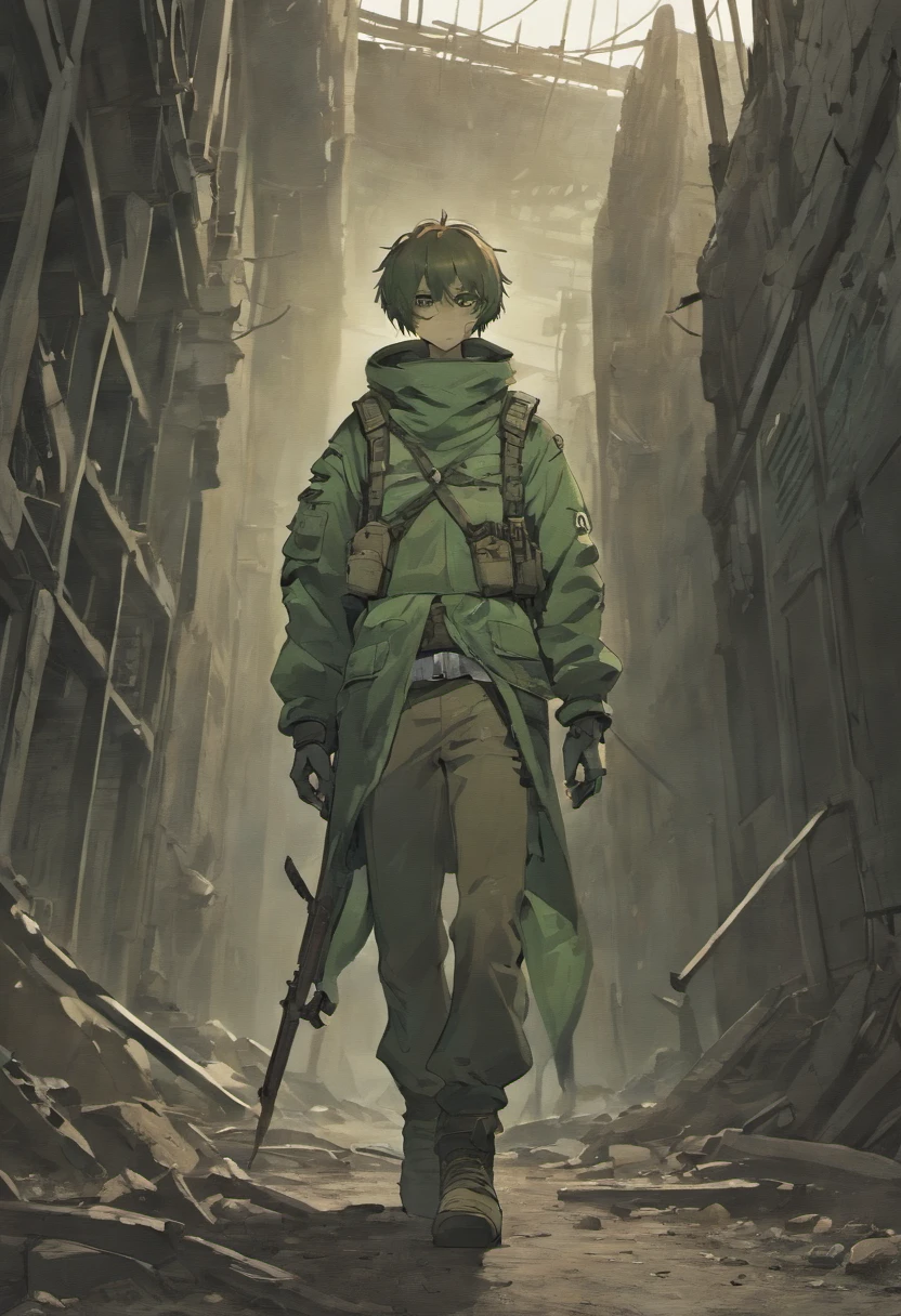 teenage boy,18 years,scavenger,decaying world,wasteland,gas mask,biohazard suit,armed with MP5,post-apocalyptic environment,dust-filled air,abandoned buildings,tattered graffiti,sparse vegetation,rusty metal structures,dilapidated vehicles,barren landscape,faded signs,crumbling infrastructure,dark clouds looming,harsh lighting,distant echoes of gunfire,fierce determination,sole survivor,loneliness,persistent strength,brooding,haunting atmosphere,ominous silence,gritty textures,deteriorating beauty,dystopian future,vivid colors,gritty realism,detailed facial expressions,lots of dirt and grime,worn-out clothing,survival instincts,intense focus,dangerous encounters,relentless pursuit of resources,war-torn backdrop,desperation for survival,hidden dangers,menacing shadows,scarcity,poignant moments,abandoned memories,achingly beautiful scenery,salvaging hope from ruins,captivating storytelling,ephemeral moments of peace,gritty urban decay,grim reminder of humanity's downfall,surviving against all odds,sculpting resilience from chaos,warrior of the wasteland,fierce protector,unyielding spirit,ferocious determination,explosions of creativity.