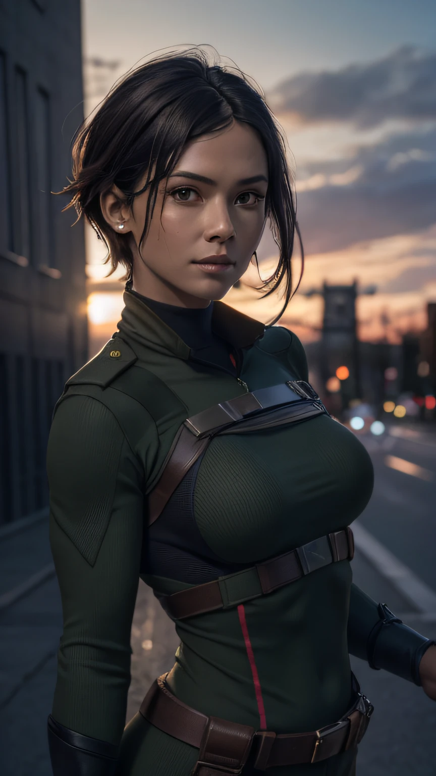 ClassifiedJaye as a 40 years old hispanic female, strong jawlines:1.2, high cheekbones:1.5, RAW photo, (best quality:1.3), high resolution, (masterpiece), (photorealistic:1.4), professional photography, sharp focus, HDR, 8K resolution, intricate detail, sophisticated detail, depth of field, extremely detailed CG unity 8k wallpaper, brown Long Layered Pixie Haircuts, military green body suit, brown utility belt with knife sleeve, dynamic pose, dynamic angle, determined, upper body, masculine face, (tanned skin:1.1), (medium breasts),