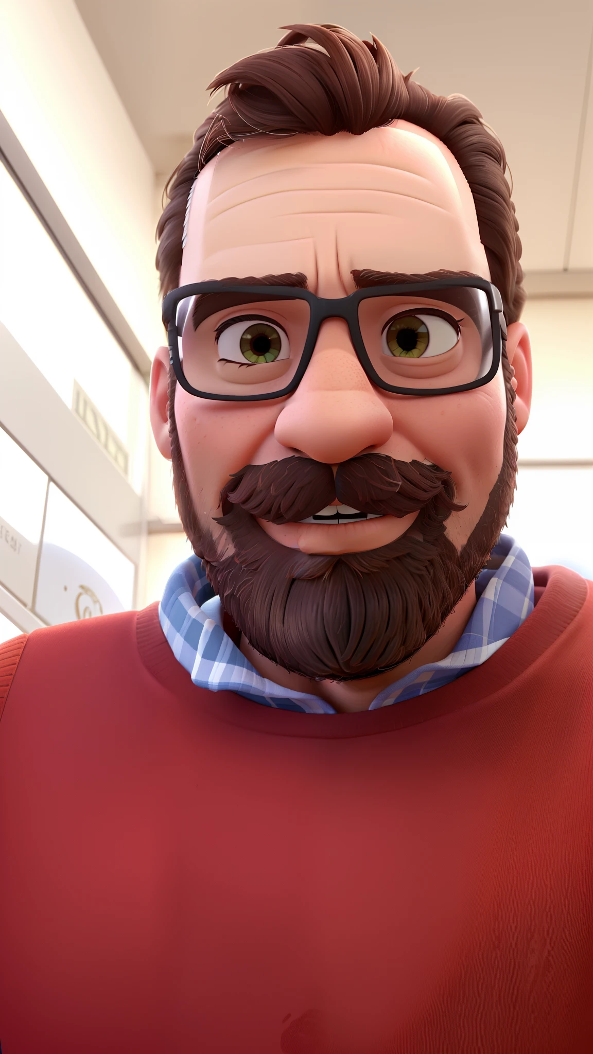 homem moreno claro, 42 anos, olhos castanho esverdeados, cabelo castanho e grisalho com barba castanha e grisalha, Disney Pixar poster style in high resolution