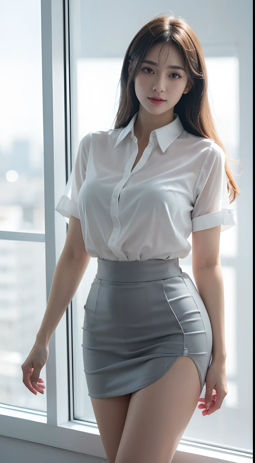 Masterpiece, Best quality, (Realistic, photo-realistic:1.37), 8K, An extremely delicate and beautiful, Amazing, finedetail, offcial art, absurderes, unbelievable Ridiculous, hugefilesize, Ultra-detailed, Extremely detailed,(Realistic skin), Beautiful and delicate girl, 1girll, (perfect women figure),full body pov, mediuml breasts,Wear a white business semi-sheer shirt,grey skirt,The thighs are tied with straps,Stand by the office window,Peach buttocks,tiese,ssmile,standing beside window,Exposing thighs
