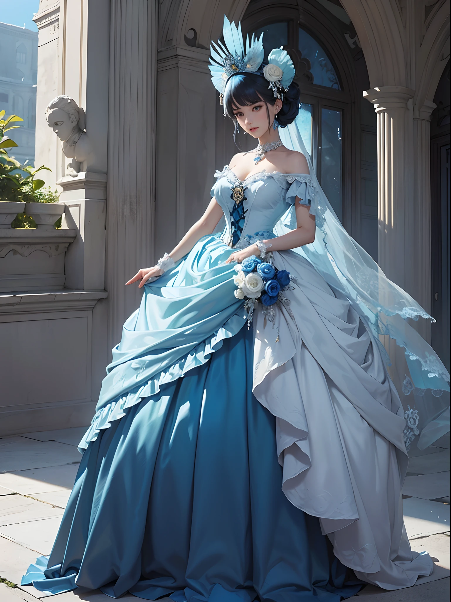 Blue and white tones、Vibrant colors、((masterpiece)))、(((top-quality)))、((ultra-detailliert))、(A hyper-realistic)、(highly detailed CGillustration)、Official art、Parma at the beginning of the 20th century、Decadent、Madame Papillon、Masquerade、Elegance、Masks that cover most of the face、Colorful and detailed mask design、matchless beauty、Fans、gorgeous dress、jewely、Perfect Angle、perfect-composition、full body Esbian