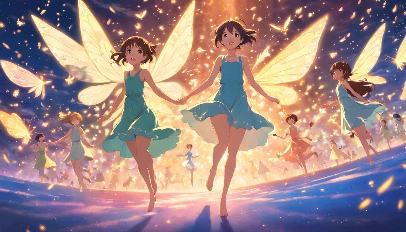 medium shot of fairies fluttering and scattering fairy dust in the air. Best quality,Eye-catching,floating dress,Elegant pose,fantasy,mythical creatures,magical scene)