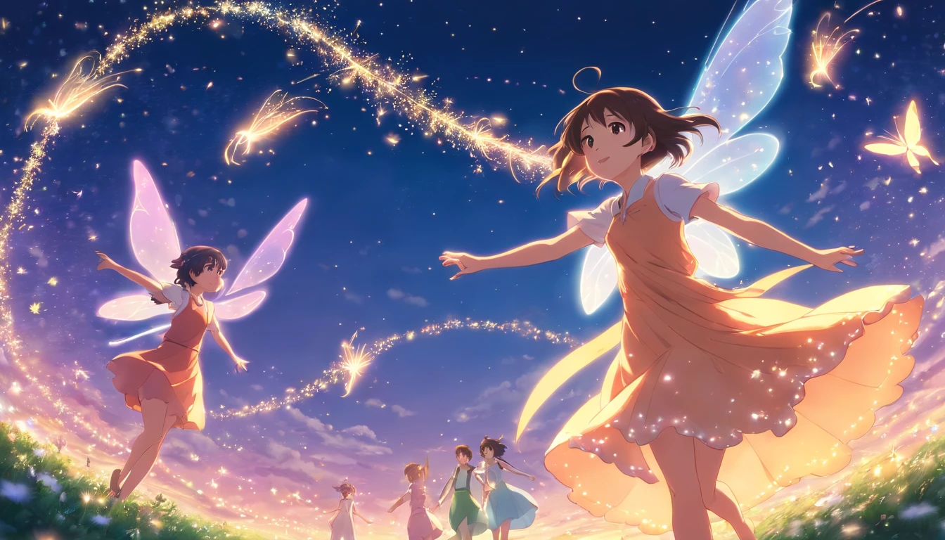 medium shot of fairies fluttering and scattering fairy dust in the air. Best quality,Eye-catching,floating dress,Elegant pose,fantasy,mythical creatures,magical scene)