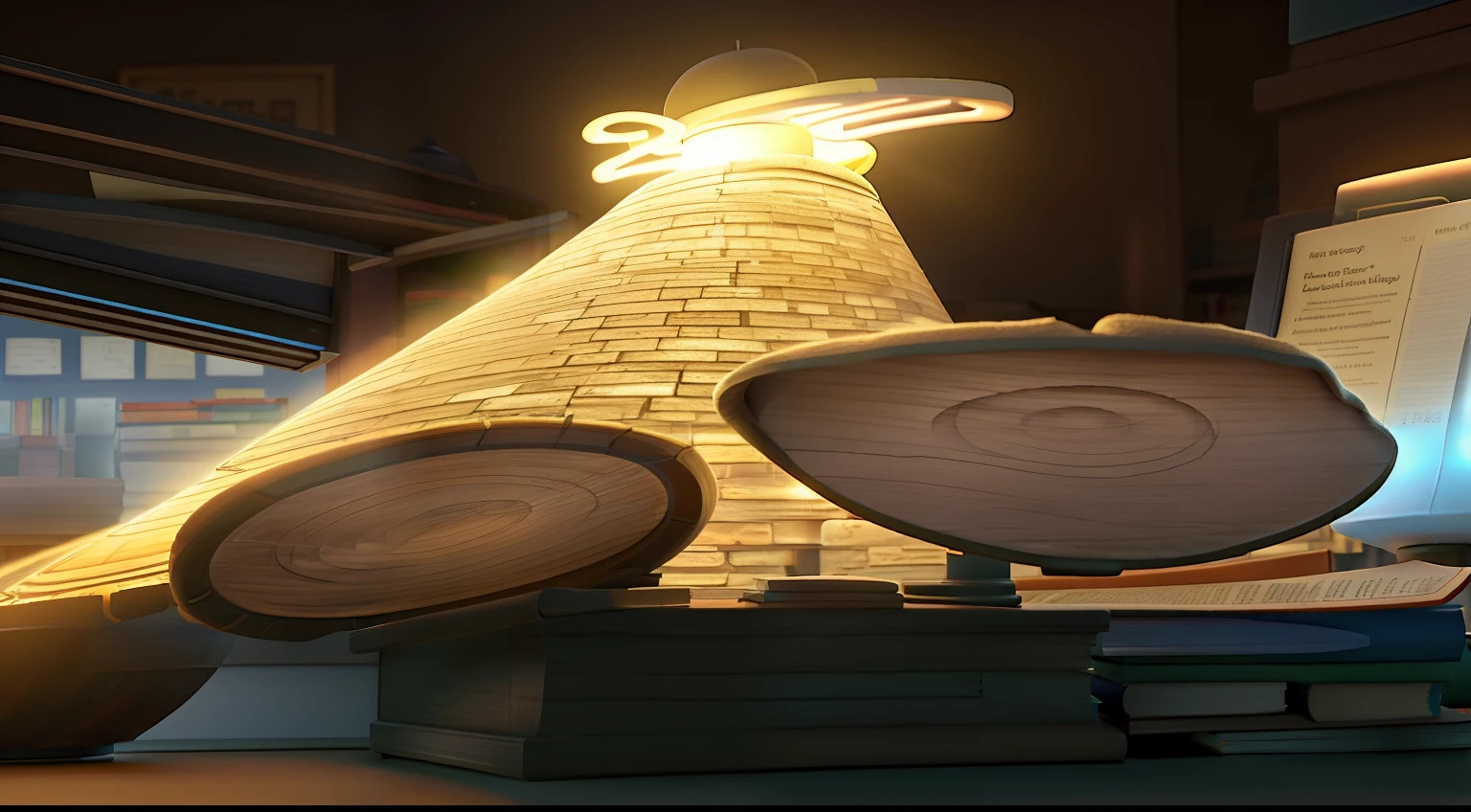 A wise old man standing in front, illuminated by the light of a lamp, against the backdrop of a library
