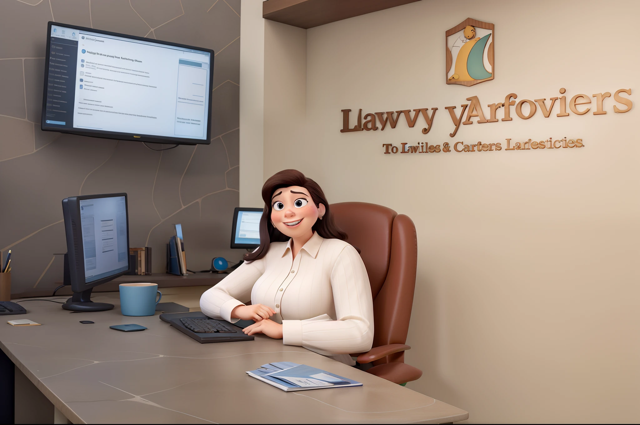 Woman lawyer sitting in law office Disney pixar style