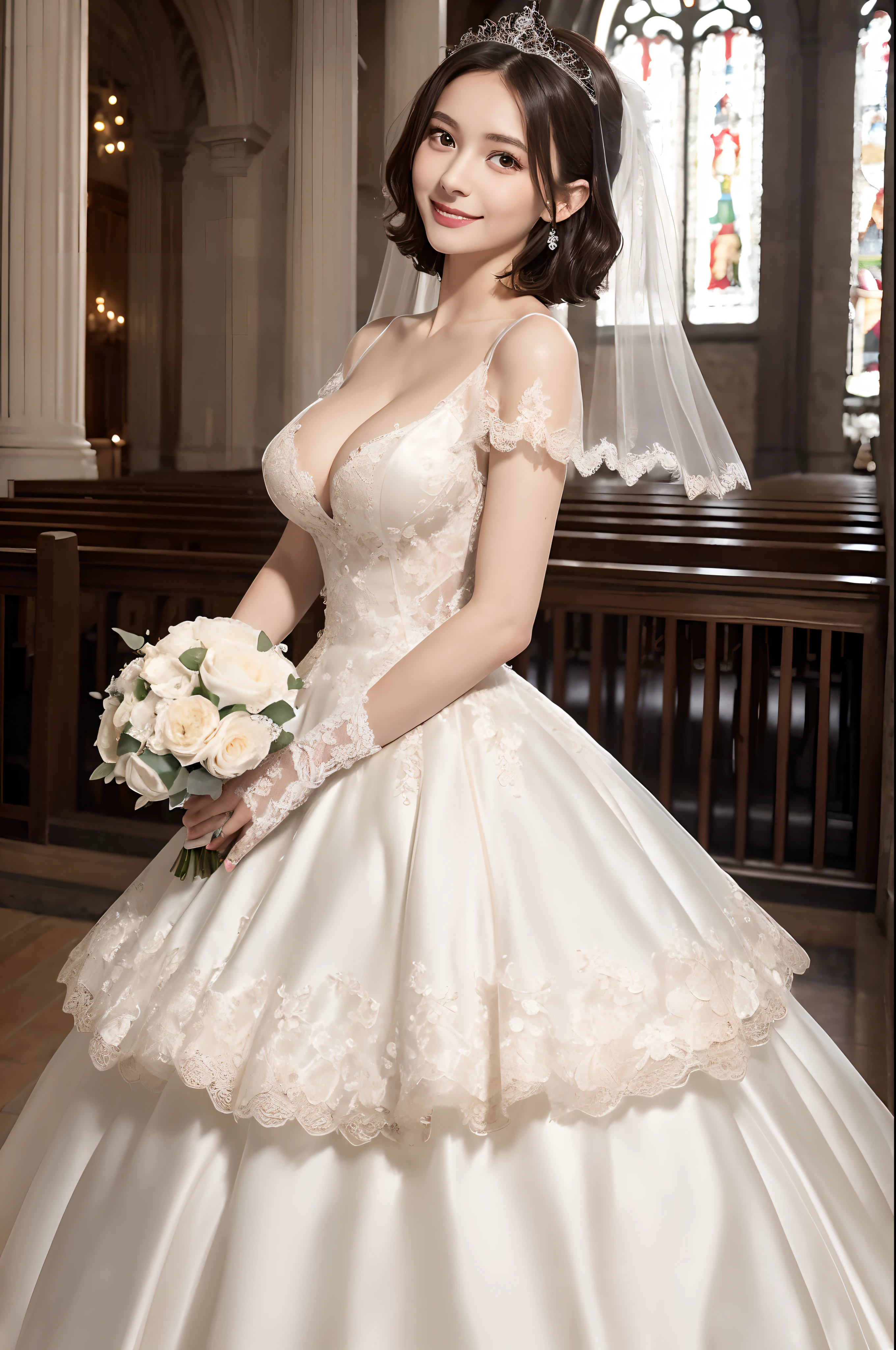 (Best Quality, masutepiece:1.2), (Realistic:1.3), (hyper detailed background, Detailed background), Bokeh, ((medium breasts:1.2)), ((Fantastic taut cleavage)), ((spread breasts:1.2)), (Sexy Obscene), (large and neat areolas,:1.3), Ruffled Ball Gown Dress, (Lace trimmed see-through ball gown dress:1.4), Bridal tiara, Gorgeous parchment white ball gown dress, Luxurious white ball gown dress, Classic Sexy Ball Gown Dresses, Show, Bridal Veil, bridal gauntlets, Bridal Cascade Bouquet, Upper body, Wedding in the church, The skirt spreads round and wide, 1girl in, Cute, age, Posing, Smiling, Dynamic Angle, Dynamic Pose, Short hair,