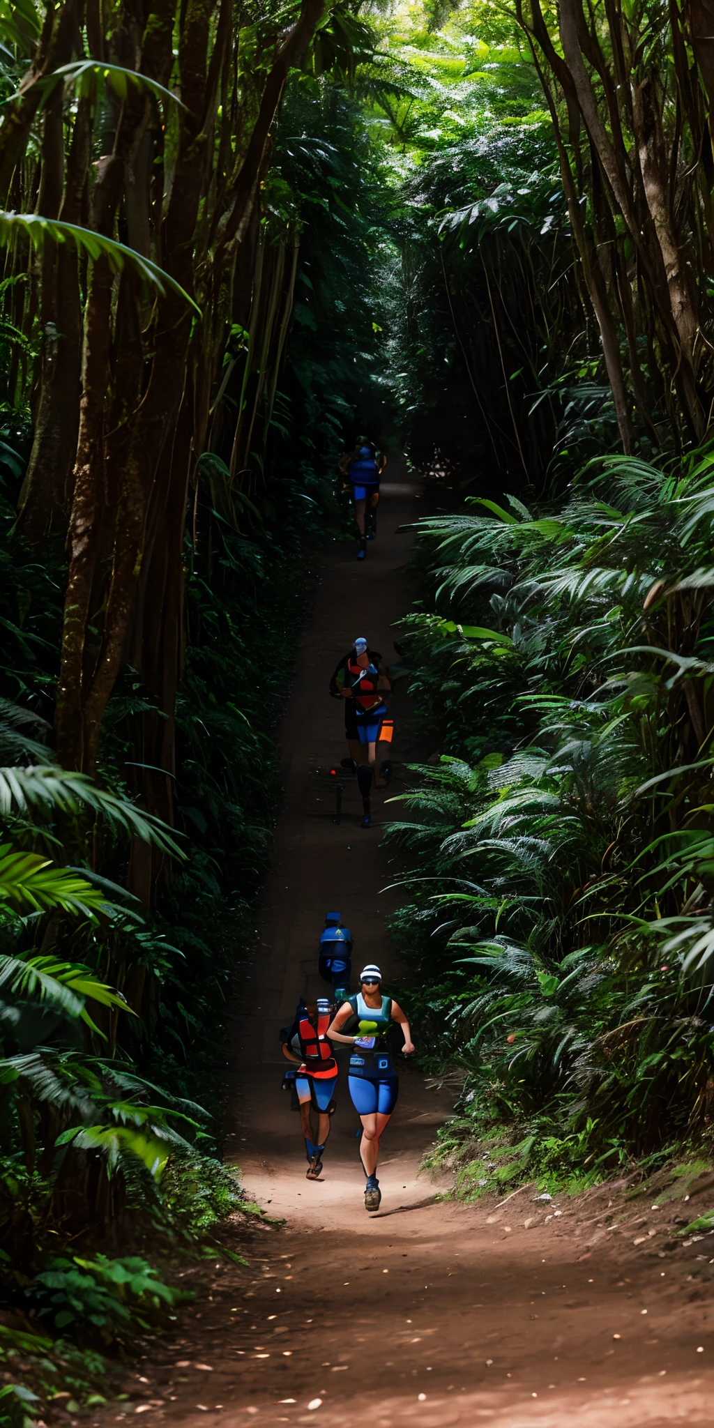 Um corredor com equipamentos de trail run em uma trilha com bananeira e pista de terra