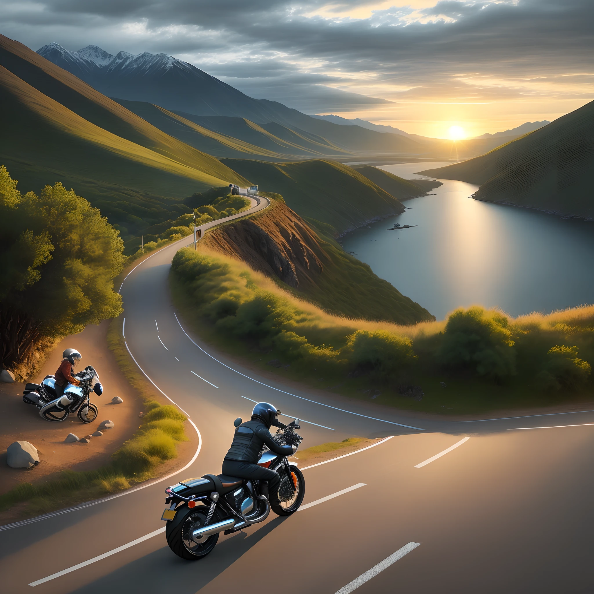 motorcyclists descending a winding road between the mountains by the sea with their motorcycles. Sunset with cloudy sky.