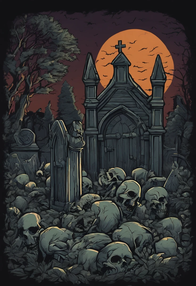 /imagine prompt: zombie graveyard illustration for a sticker with a black background, in bold outline style, jagged edges, trashcore, light shading --v 5.2